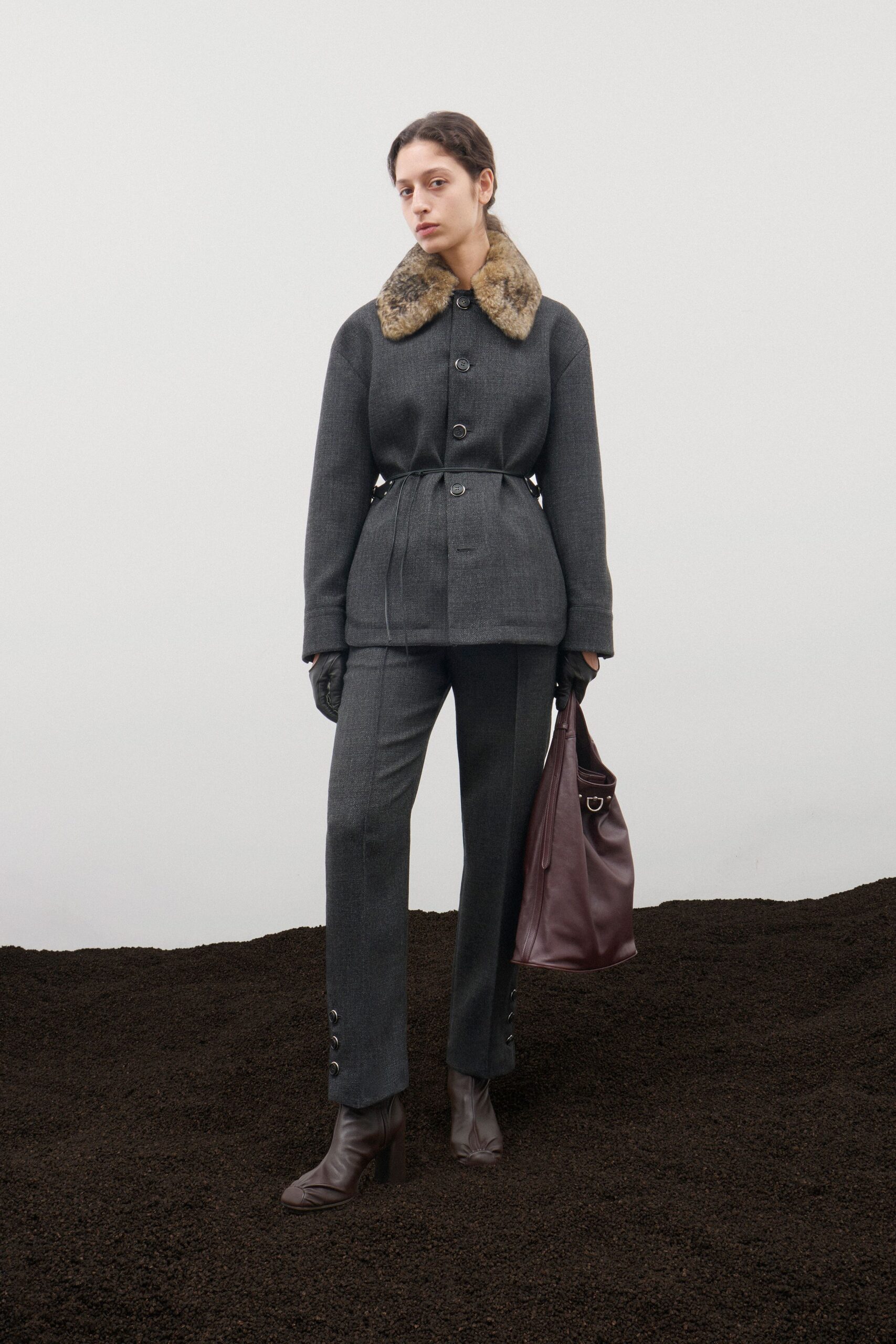 gray wool long-sleeve collared tailored buttoned belted jacket