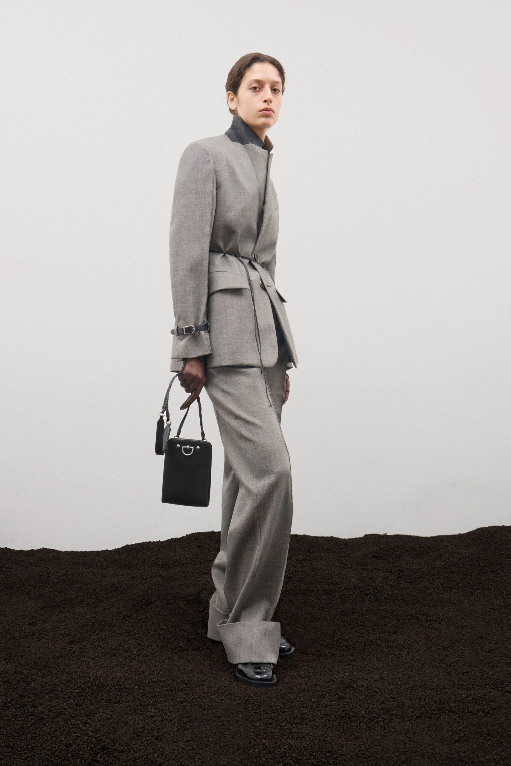 gray wool tailored wide-leg pants