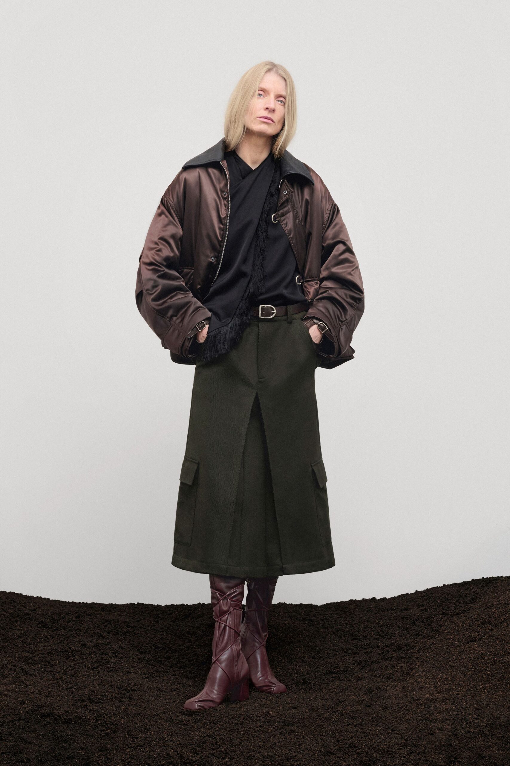 brown silk long-sleeve collared relaxed zippered jacket
