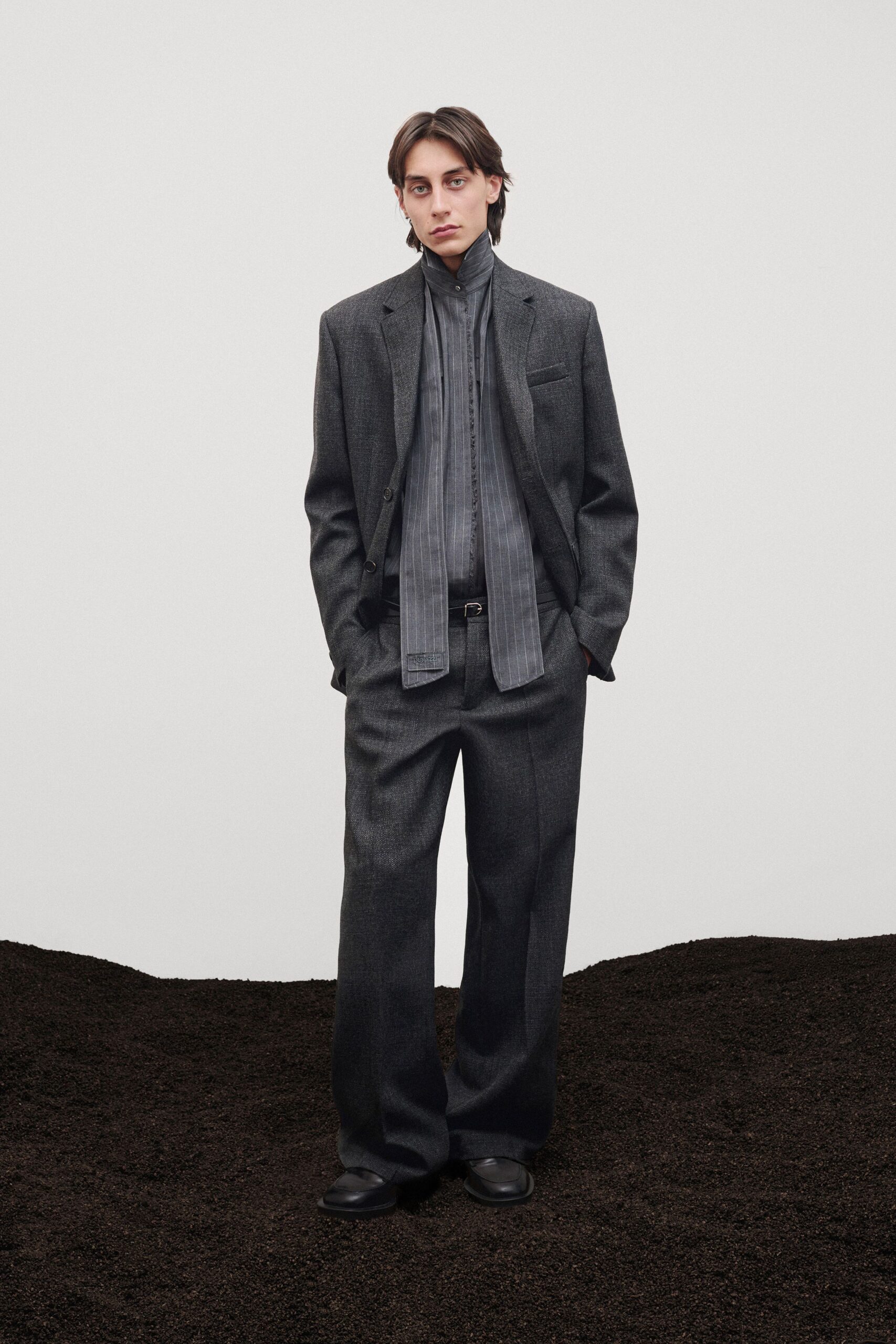 gray tailored suit with shirt