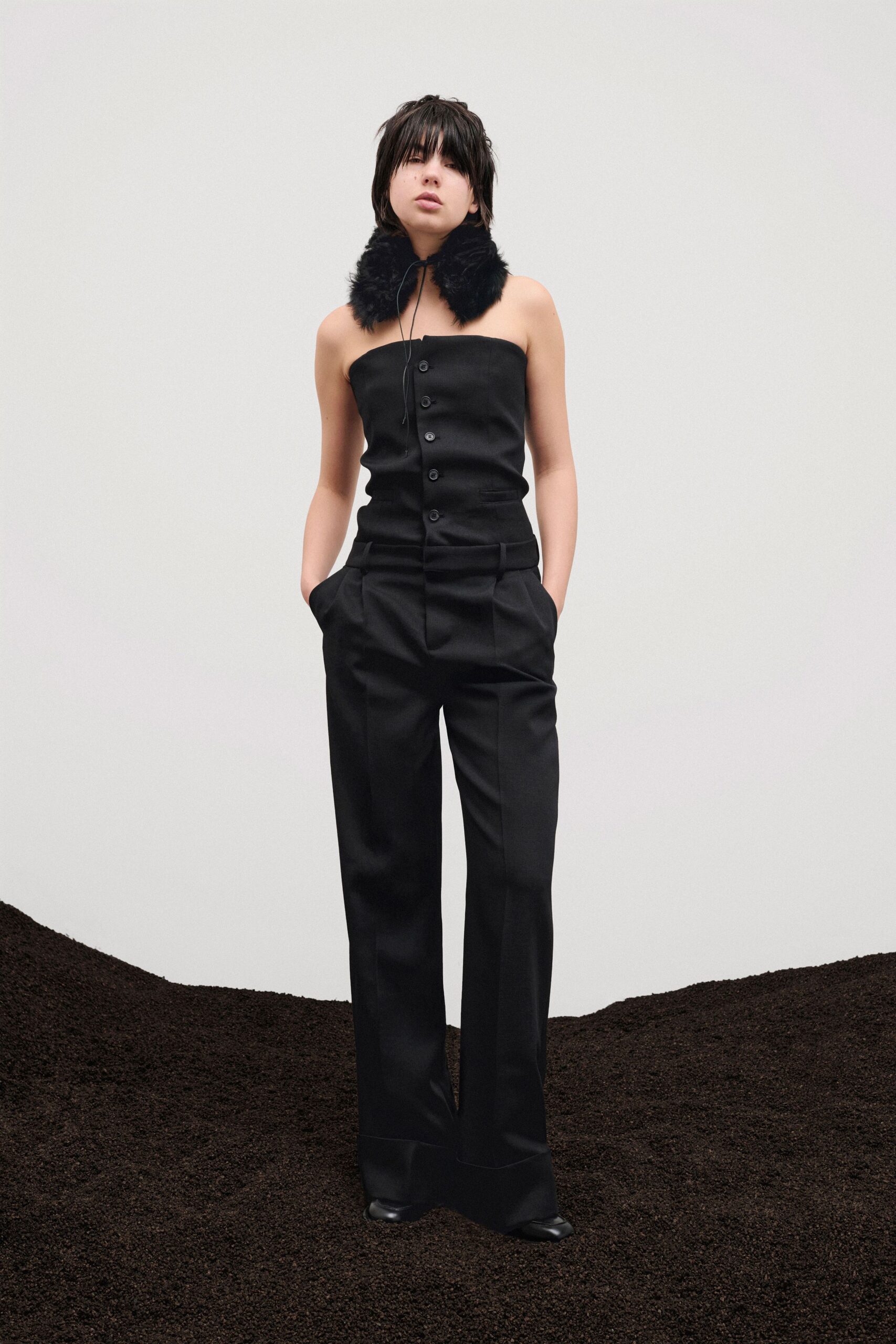 black cotton sleeveless collared fitted buttoned straight-leg jumpsuit
