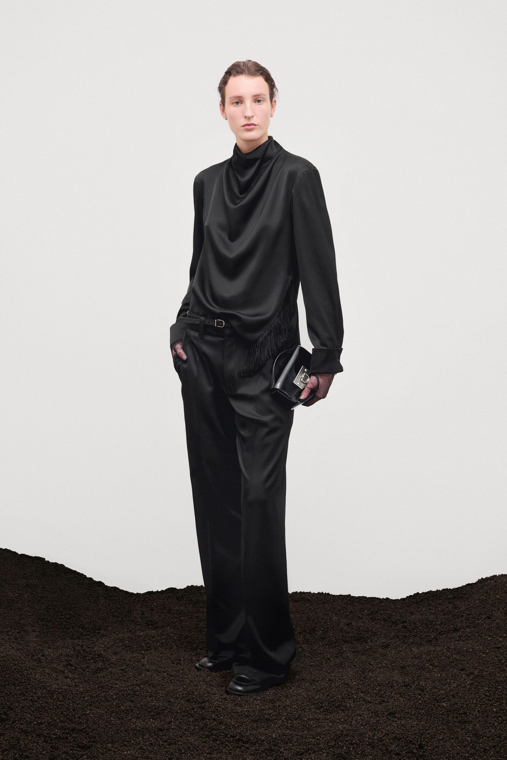 black silk long-sleeve high-neck relaxed draped fringed top