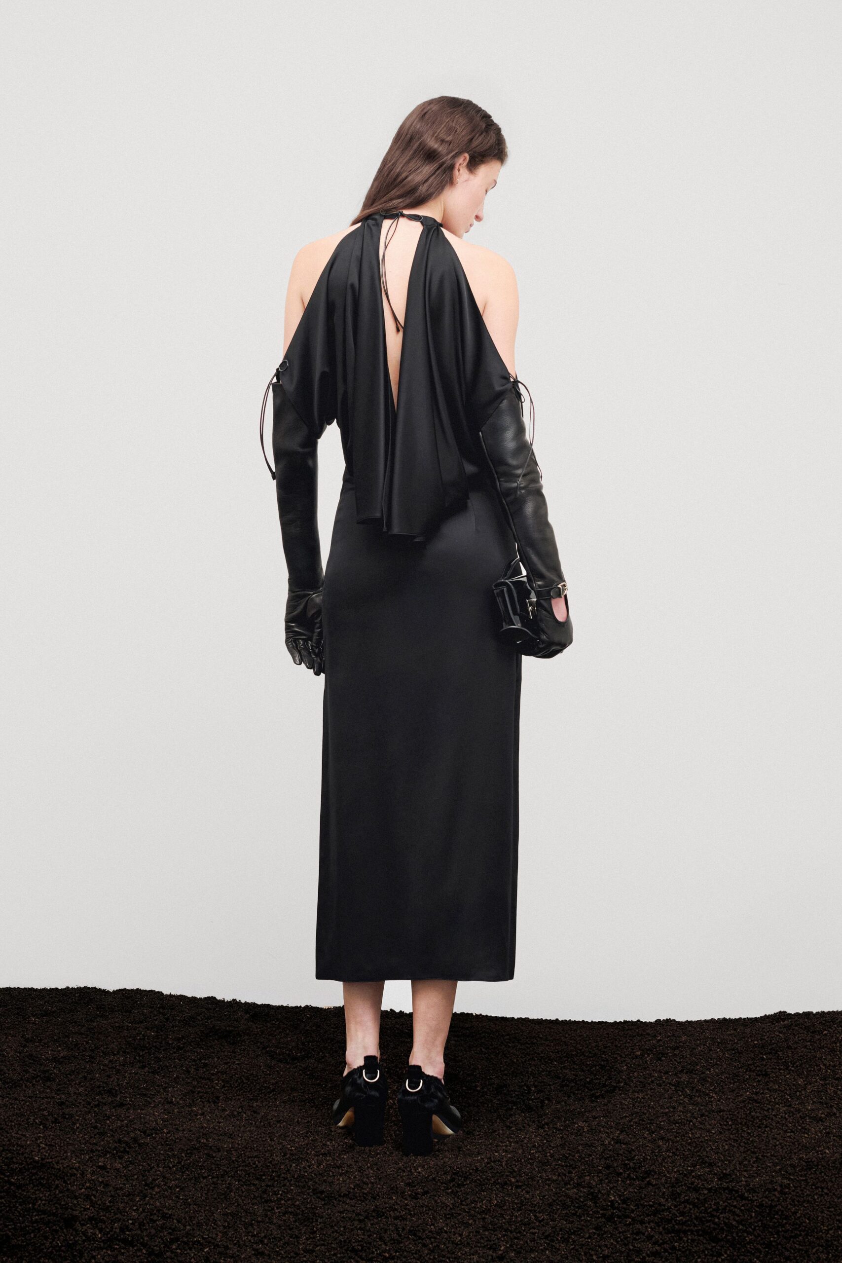 black silk midi dress with gloves
