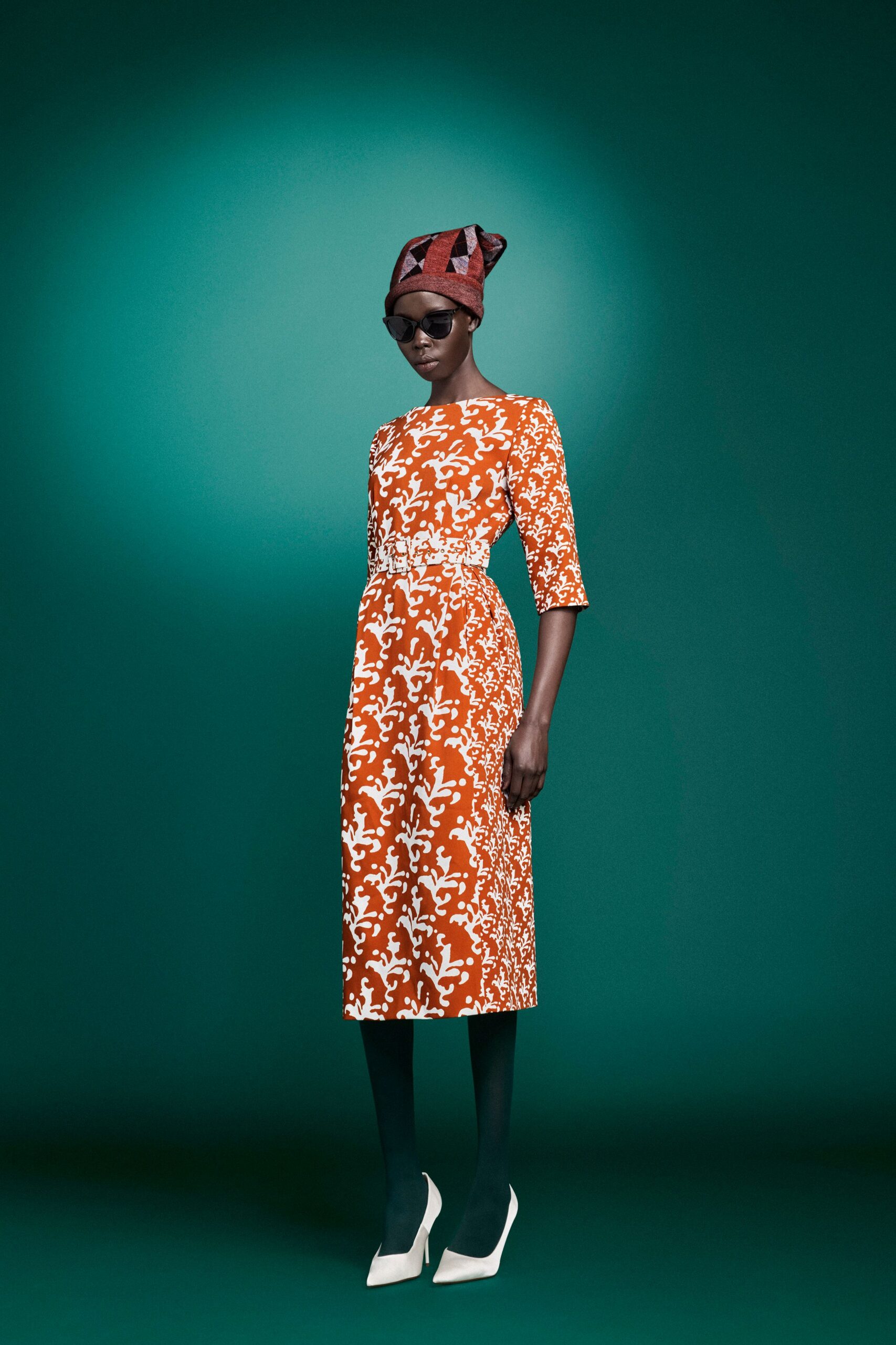 orange cotton long-sleeve high-neck fitted floral a-line dress