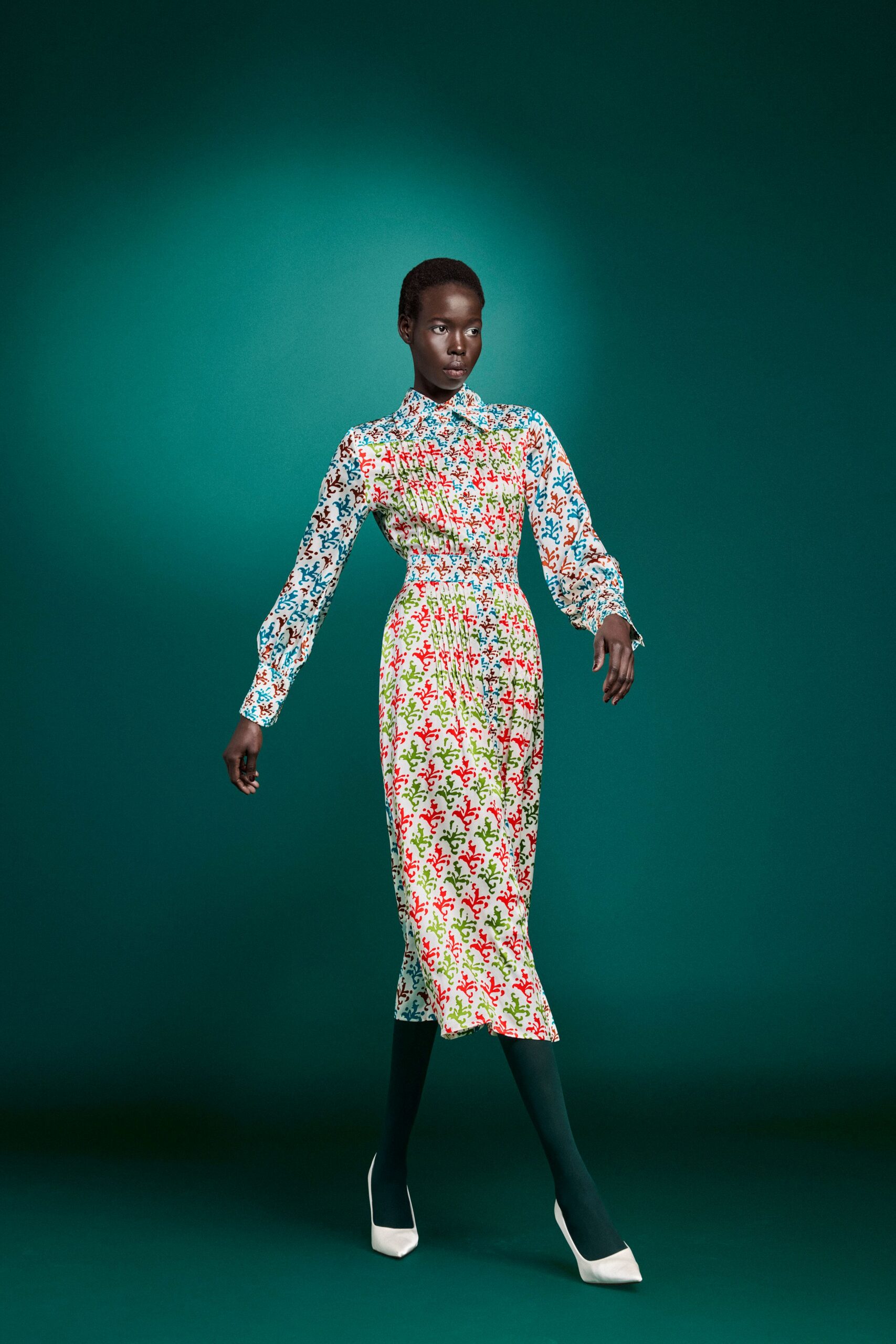 multi cotton long-sleeve collared fitted floral pleated dress