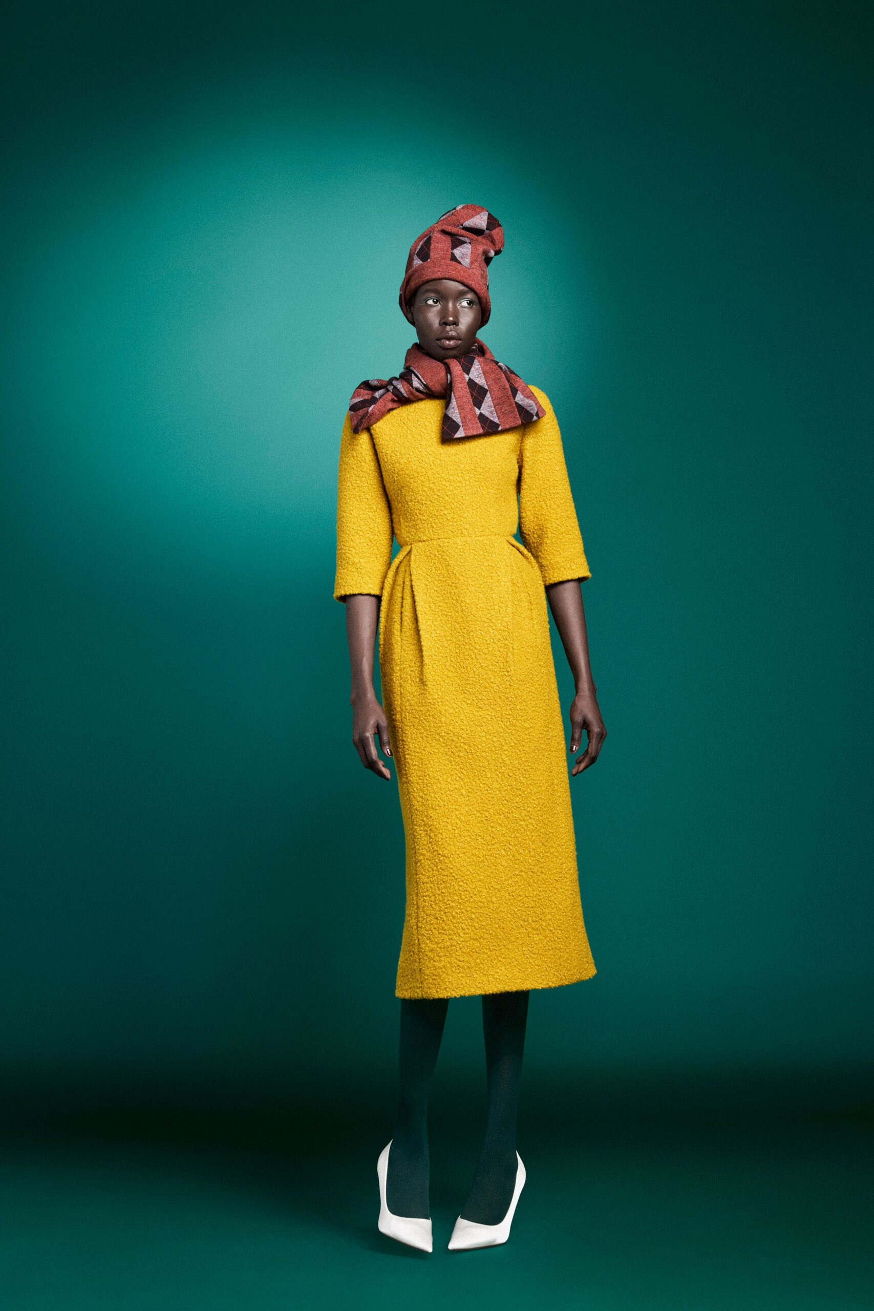 yellow cotton long-sleeve collared fitted pleated midi dress