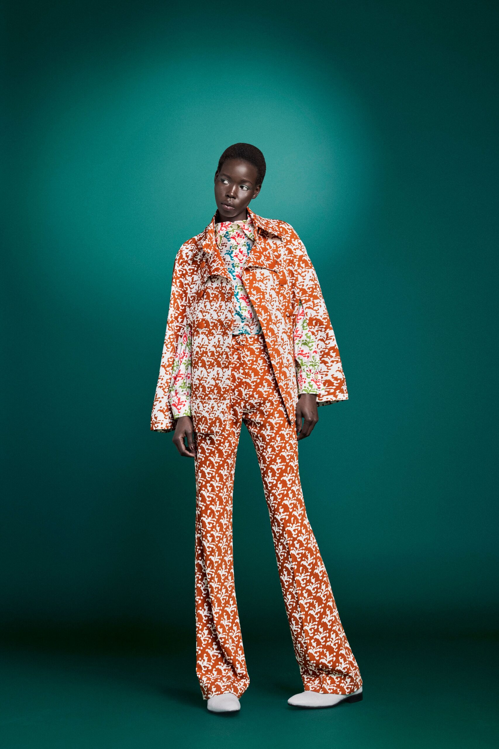 orange cotton fitted flared pants