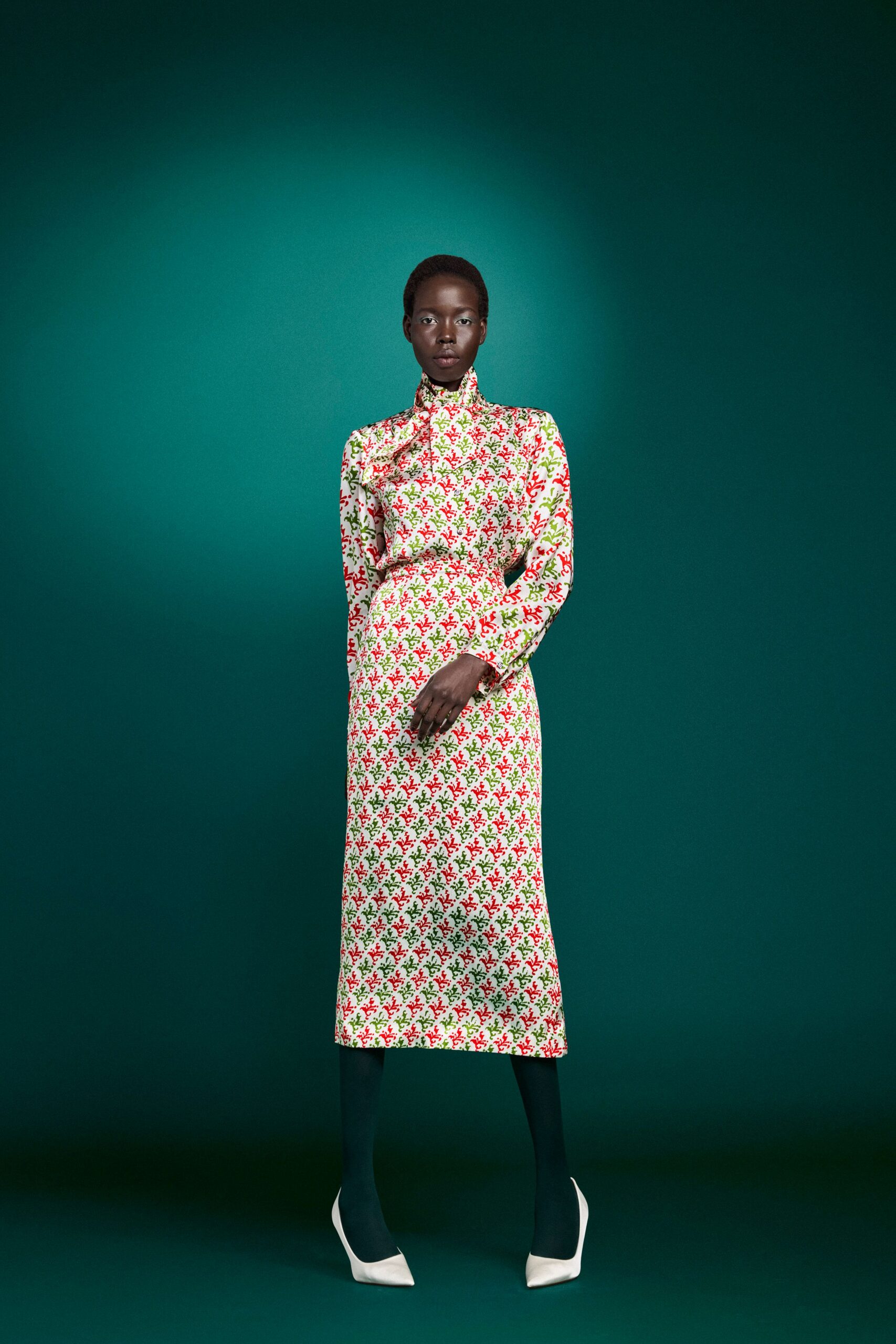 white silk long-sleeve collared fitted floral tiered dress