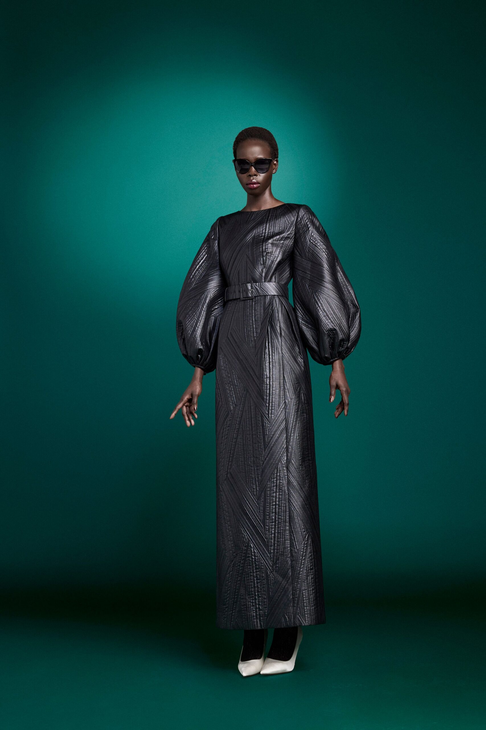 black leather long-sleeve fitted pleated belted maxi dress