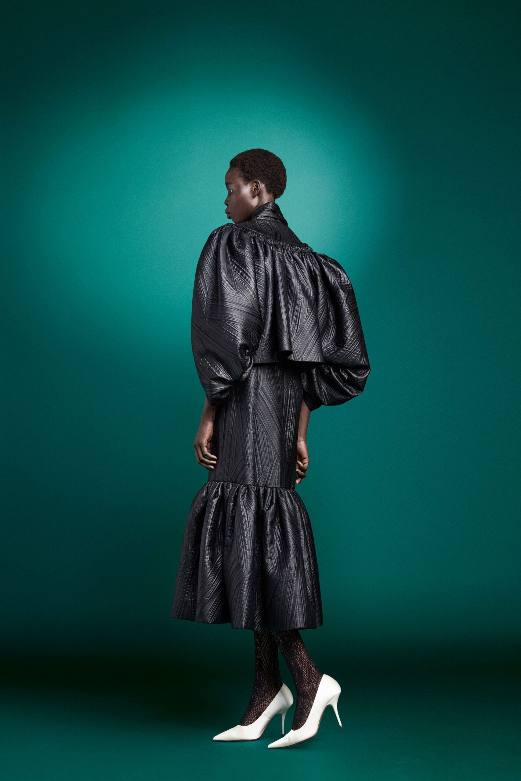 black leather long-sleeve high-neck fitted pleated tiered dress