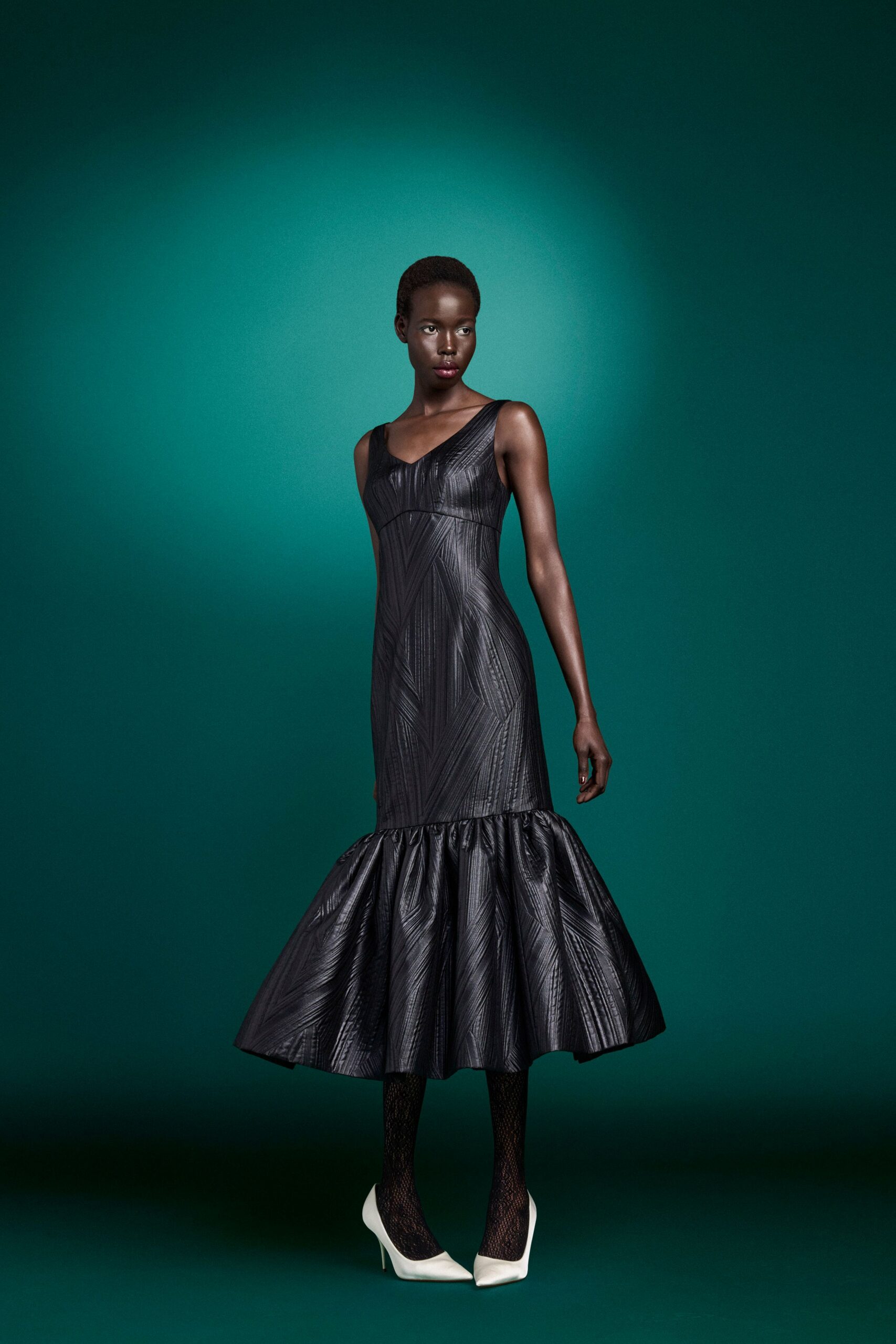black leather sleeveless v-neck fitted flared midi dress