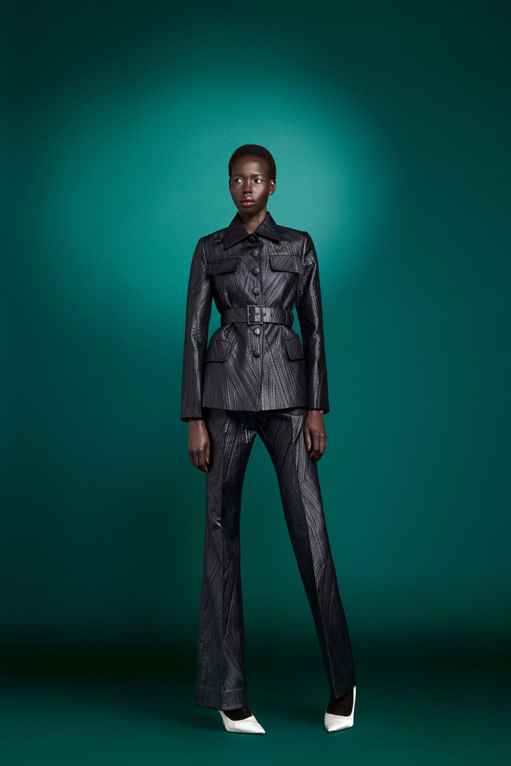 black leather long-sleeve collared fitted buttoned belted jacket