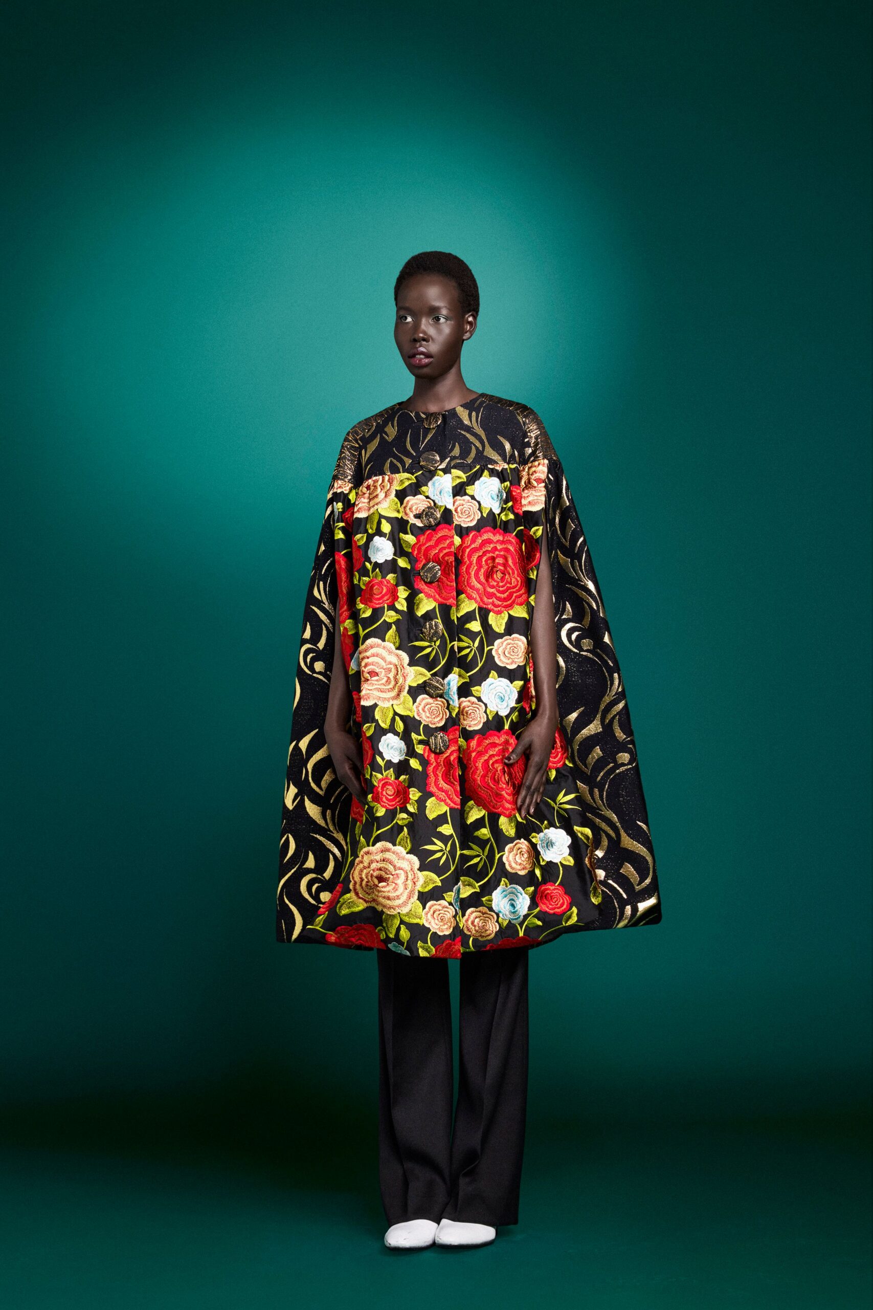 black silk sleeveless relaxed embroidered cape