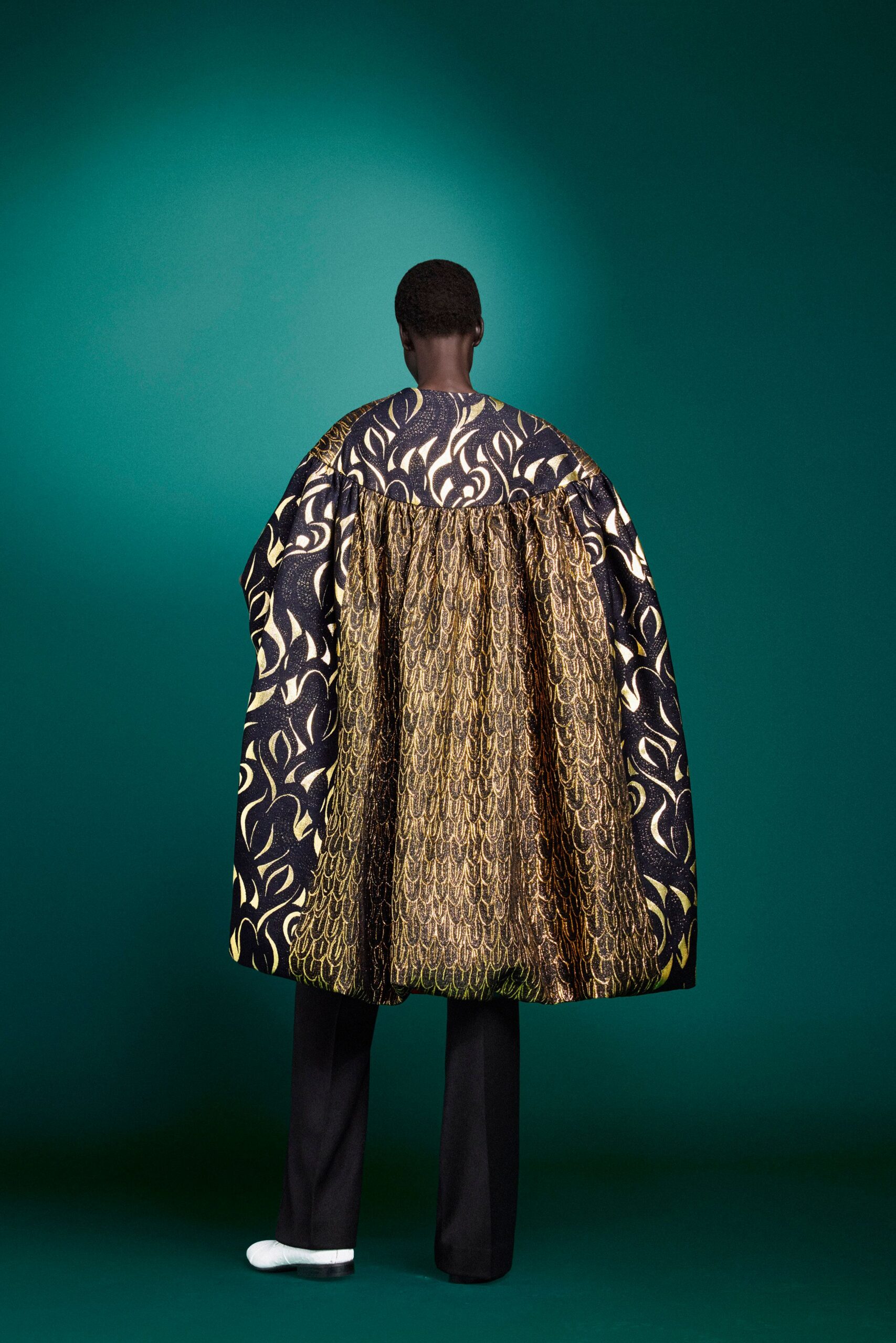 black silk relaxed embroidered shiny cape