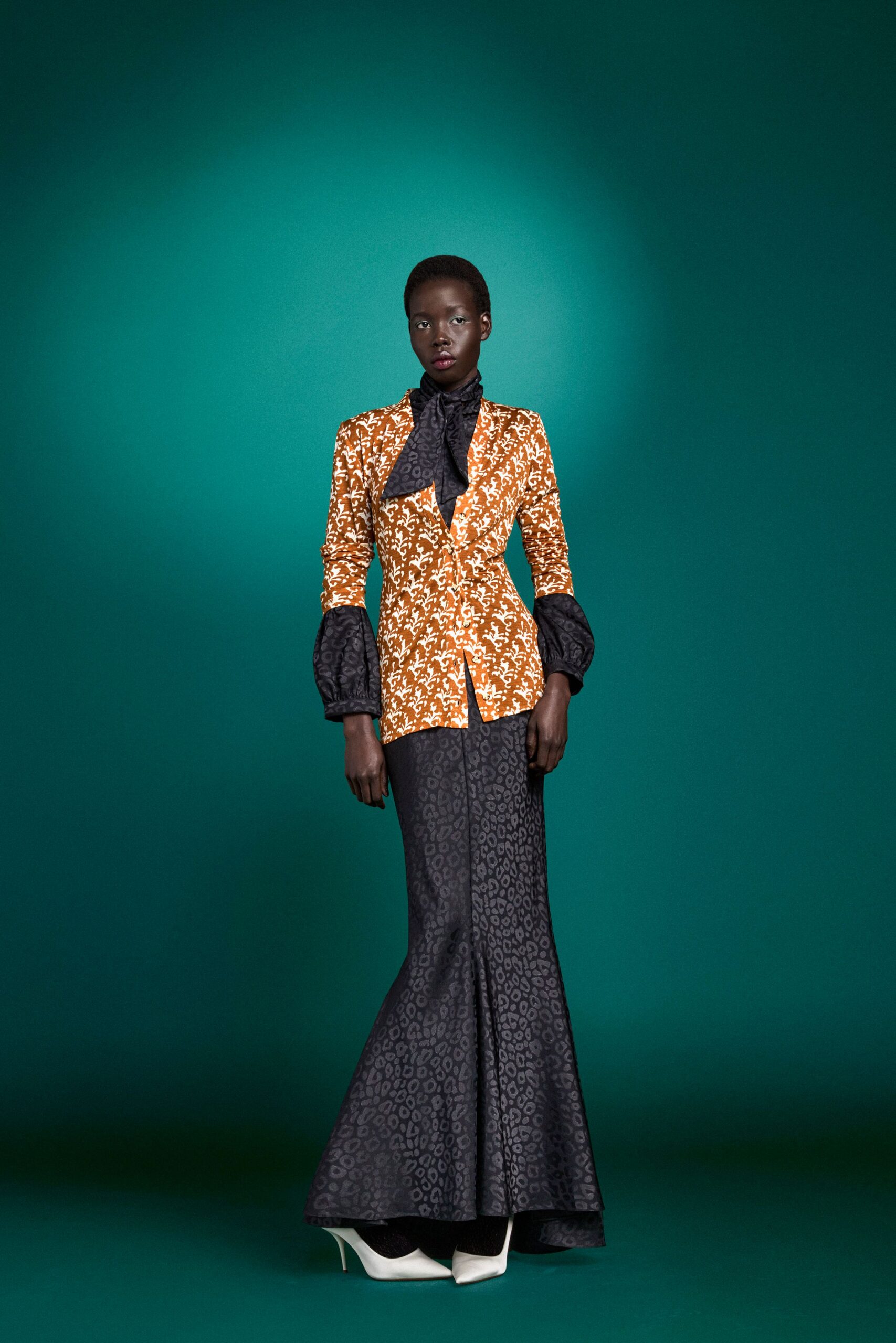 orange cotton long-sleeve collared fitted floral buttoned blazer
