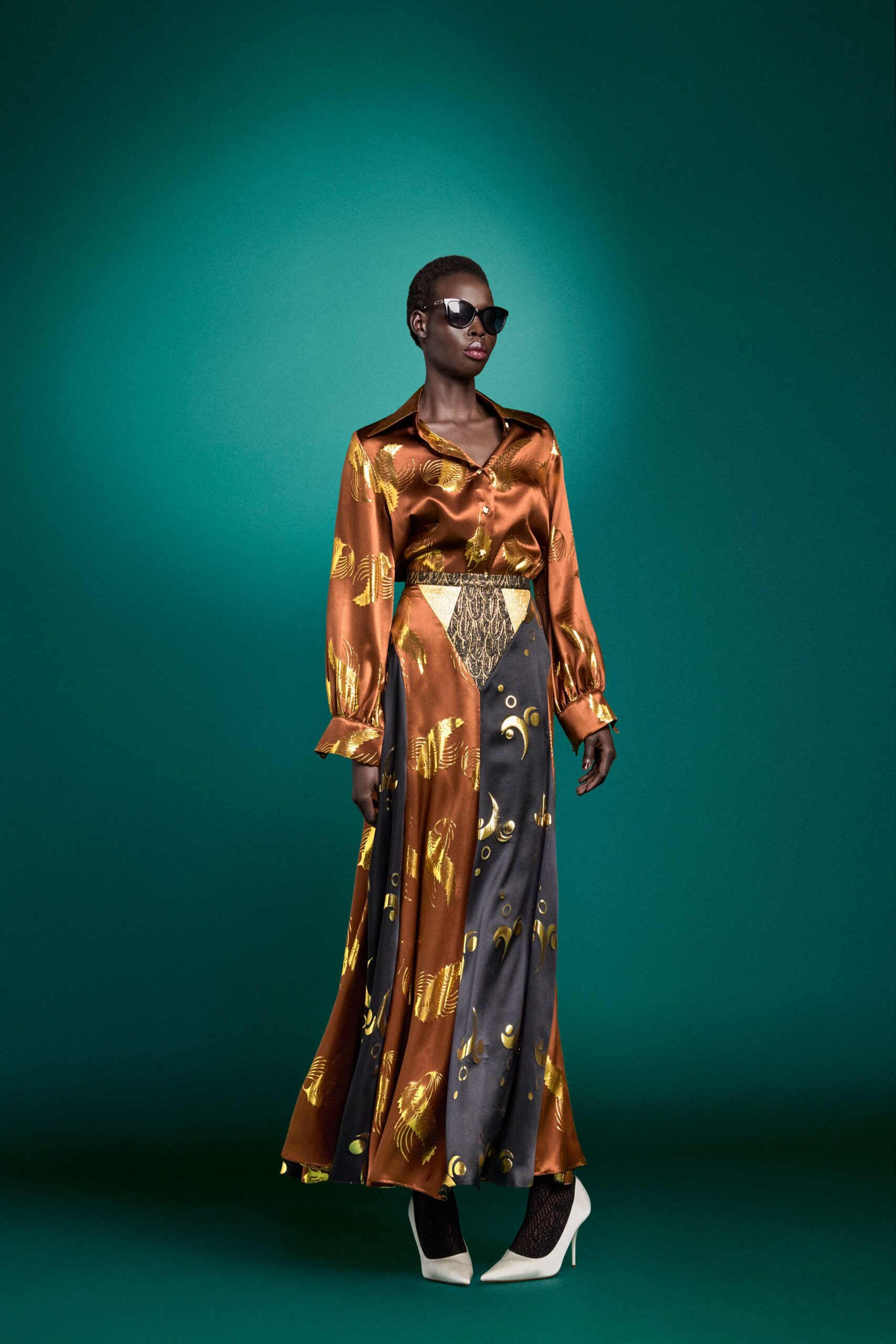 brown silk long-sleeve collared fitted printed tiered dress