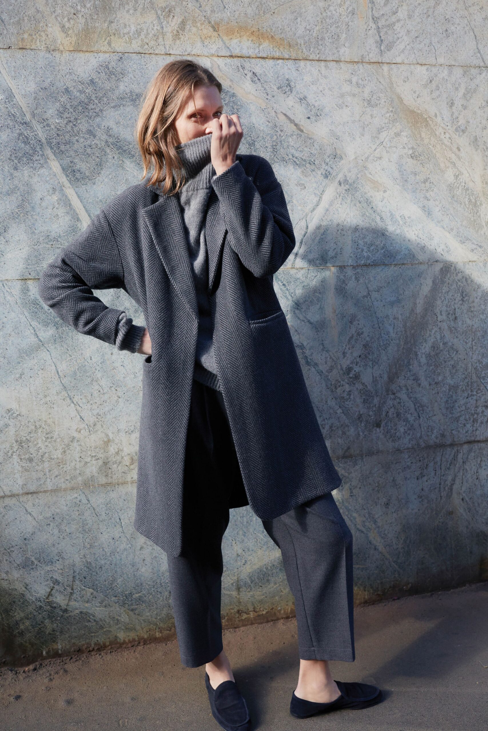 gray wool tailored straight-leg pants