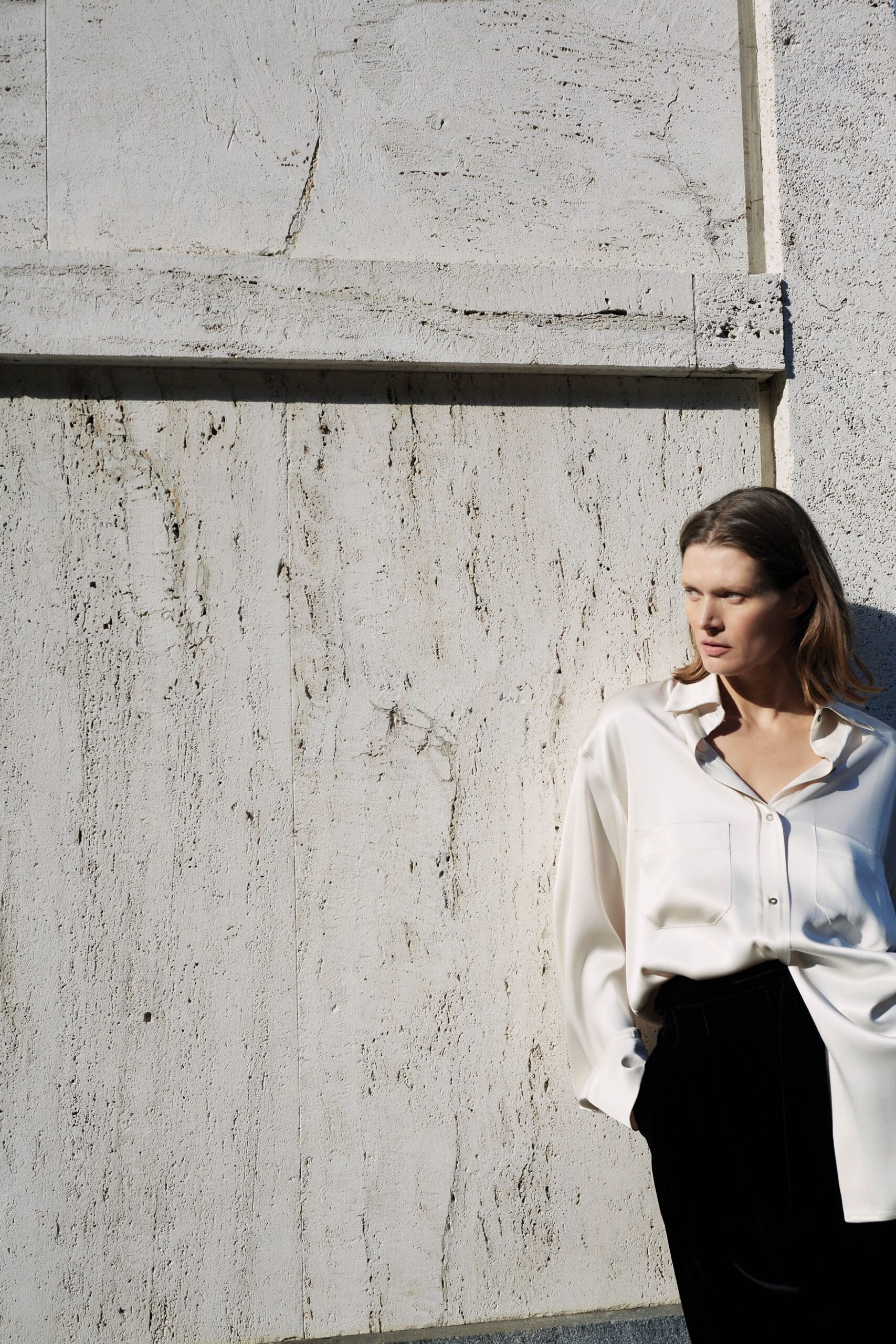 white silk shirt and black velvet pants