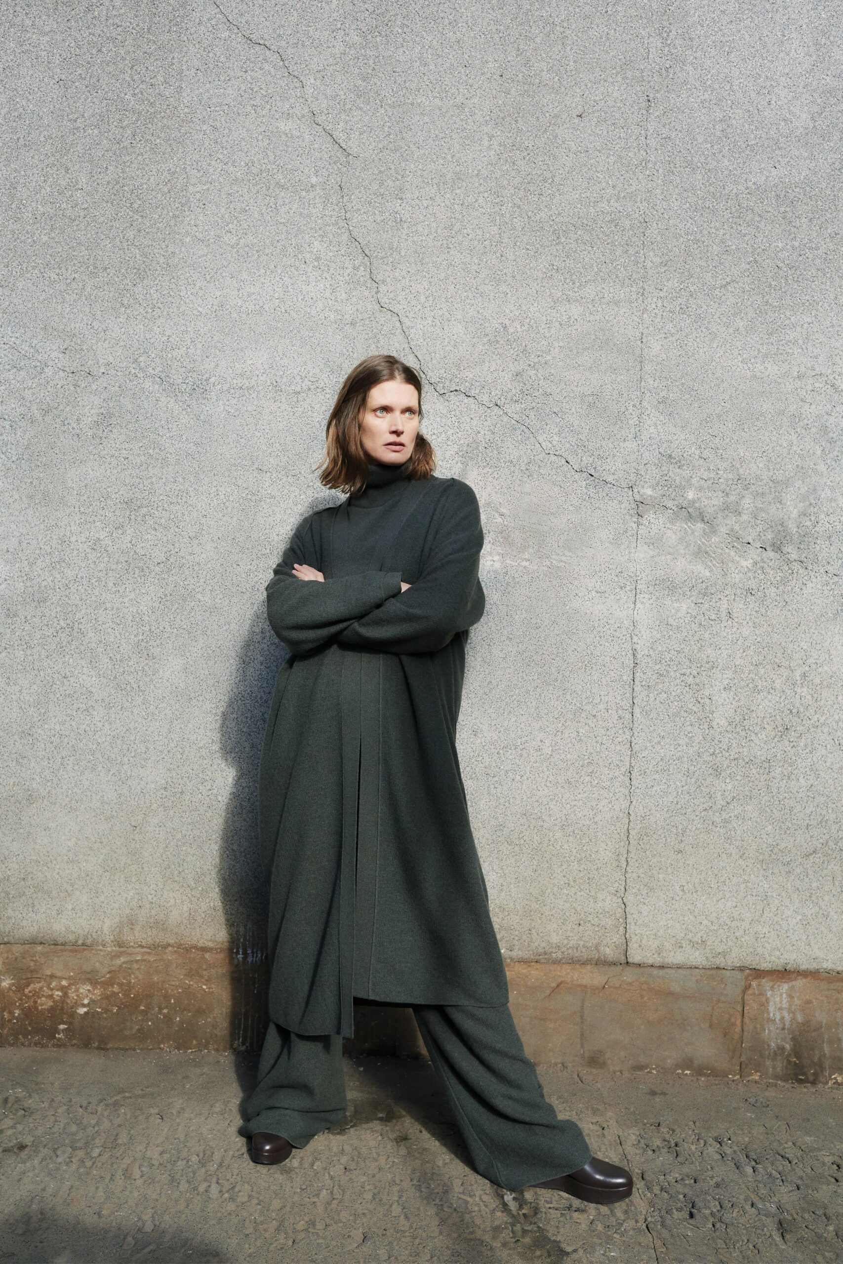 green wool long-sleeve high-neck relaxed draped maxi coat