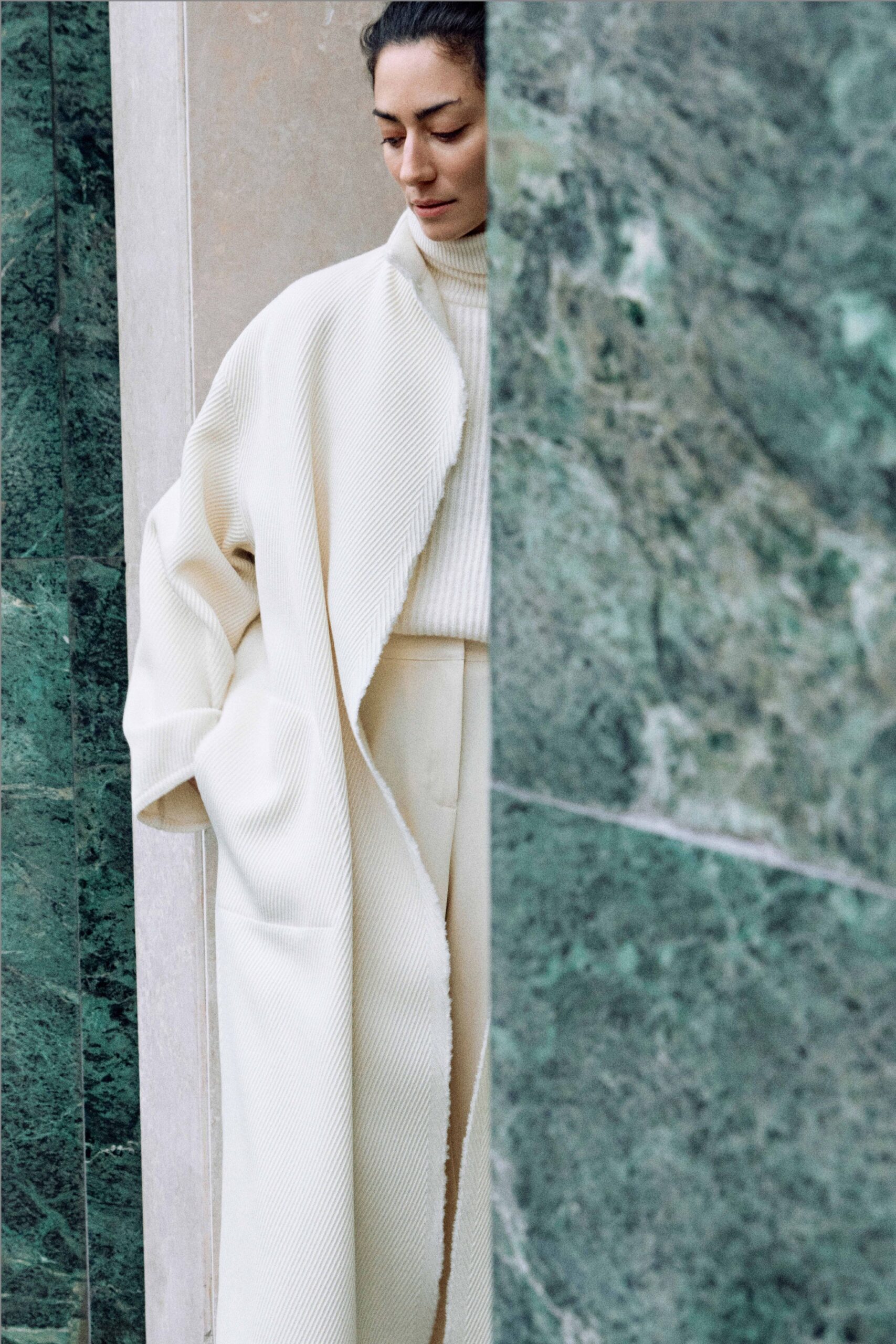 white wool long-sleeve relaxed draped coat