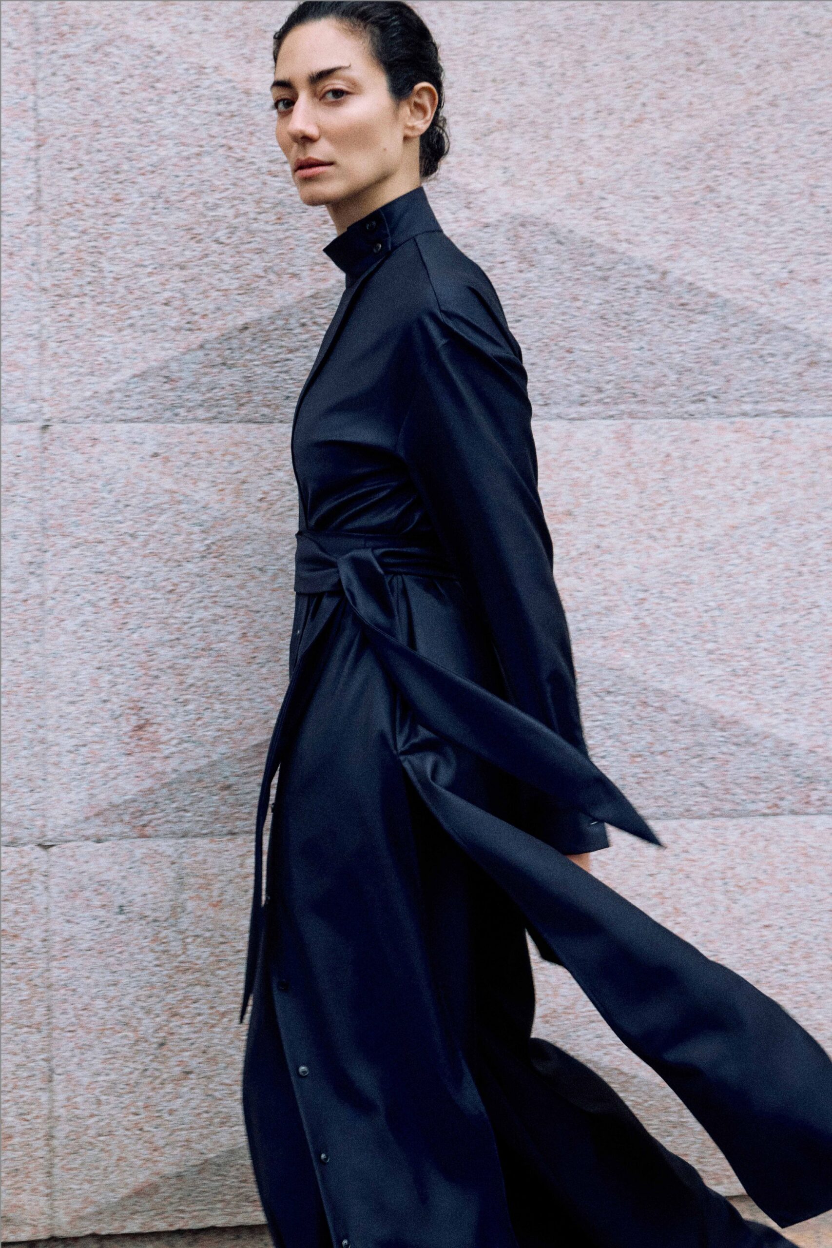 black silk belted maxi dress