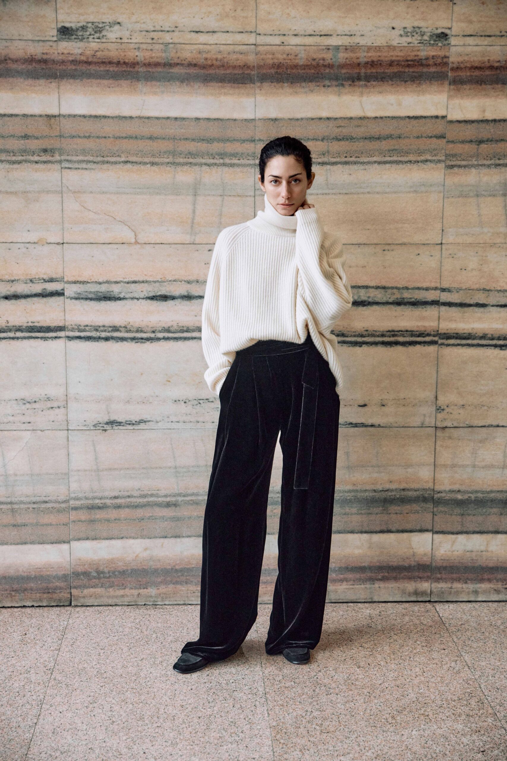 white wool long-sleeve turtleneck oversized ribbed sweater