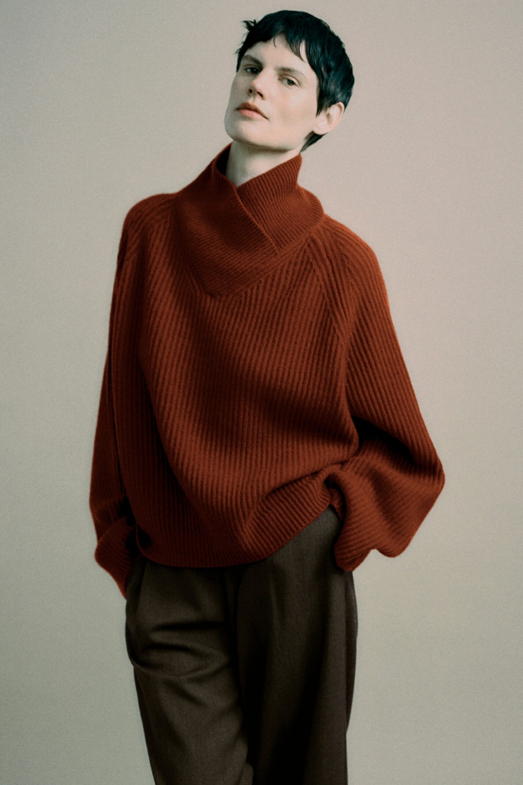 red wool long-sleeve turtleneck oversized ribbed sweater