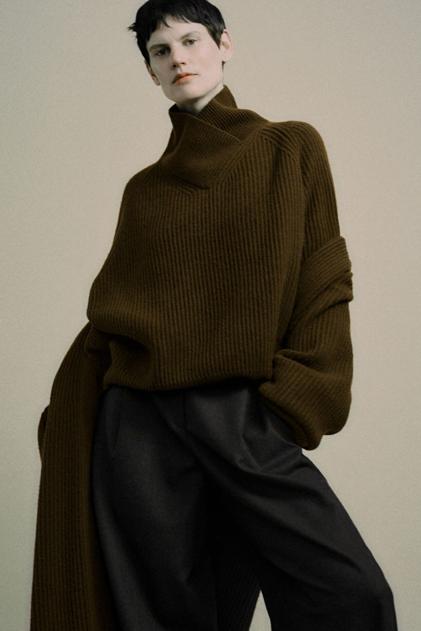 brown wool long-sleeve high-neck oversized ribbed sweater