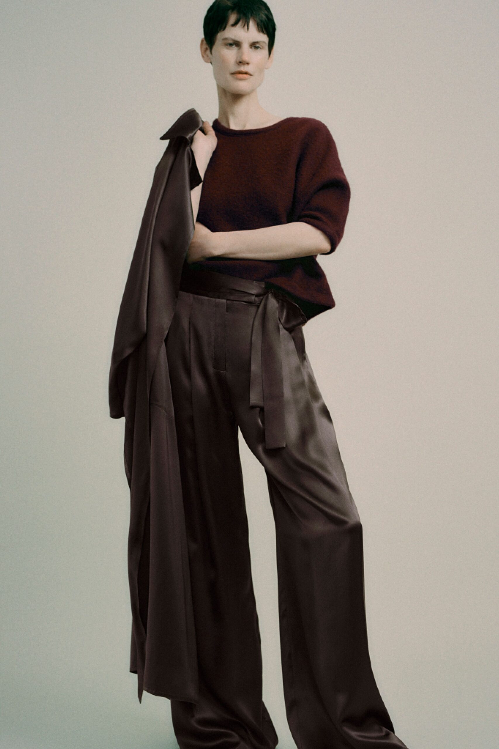 brown silk tailored wide-leg pants