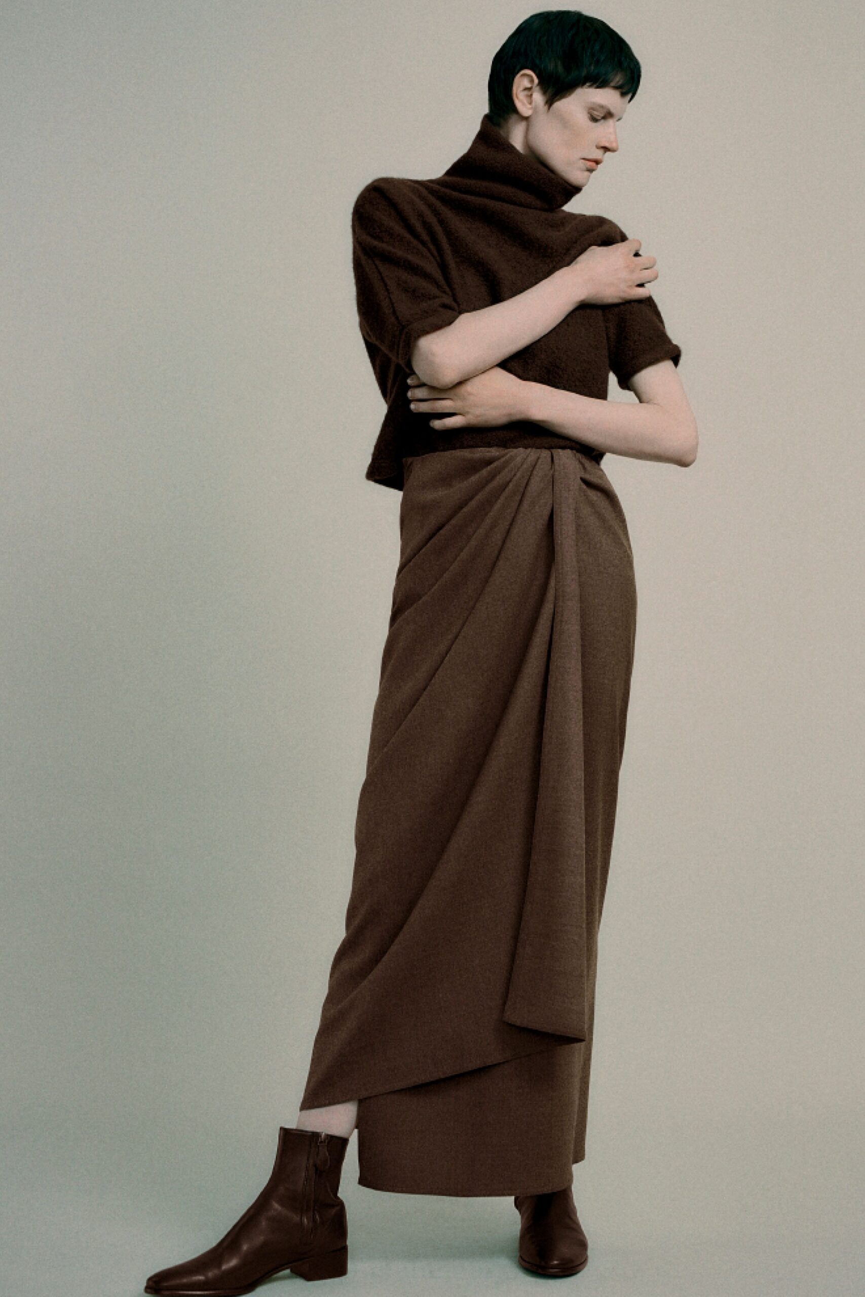brown wool long-sleeve wrap fitted maxi skirt