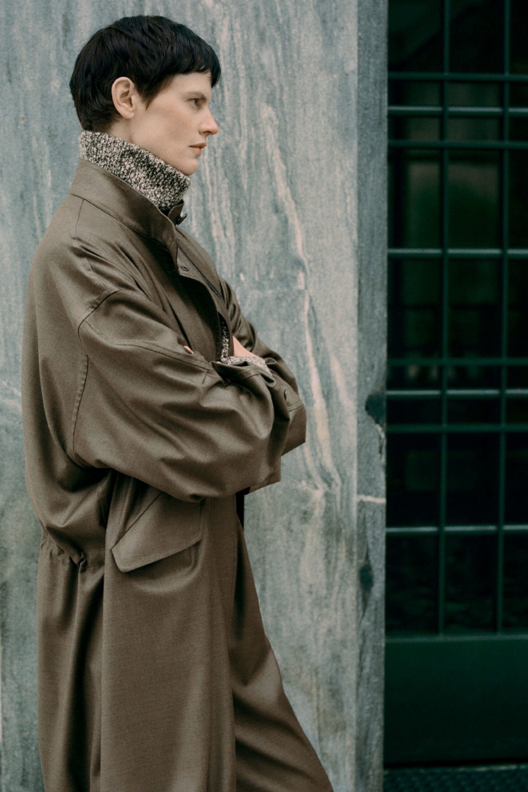beige wool high-neck long-sleeve fitted top