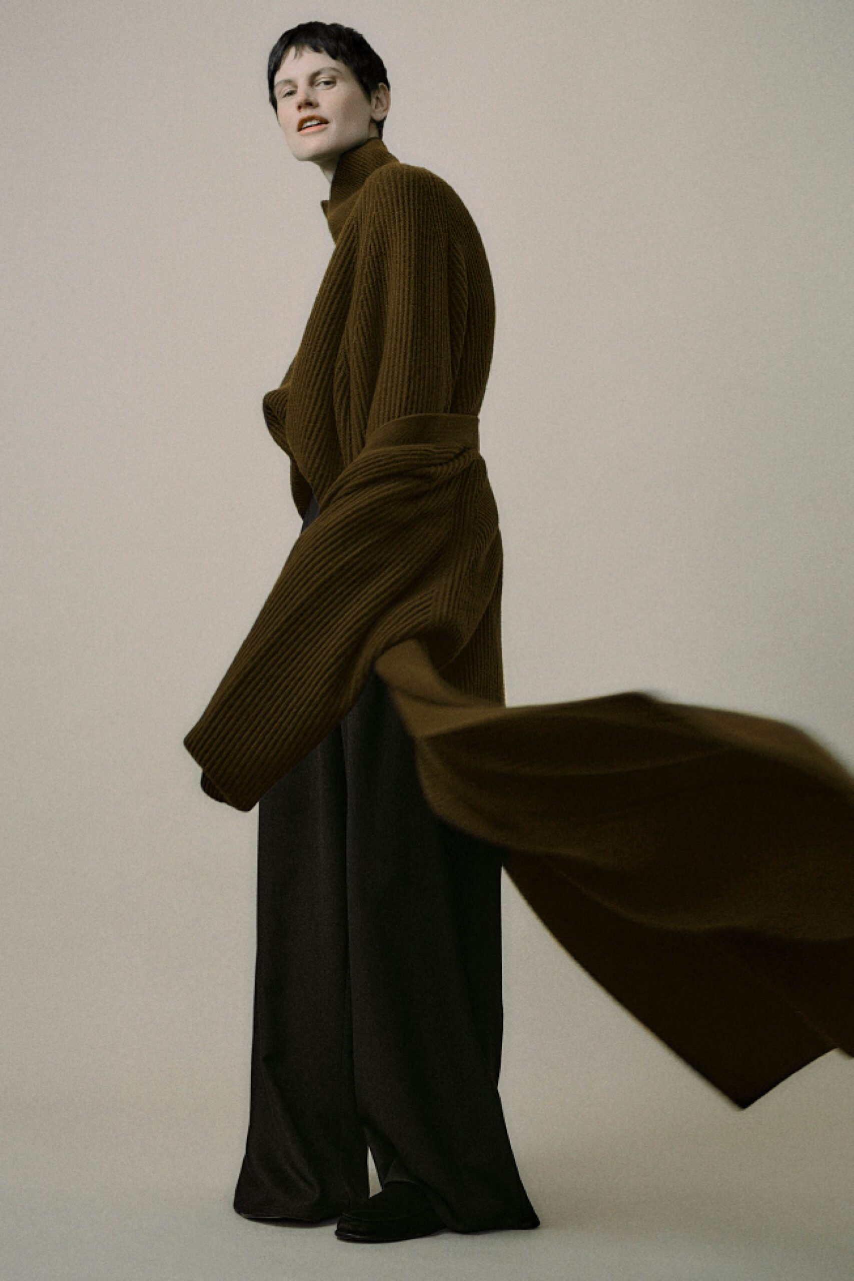 brown wool long-sleeve high-neck relaxed belted flowing coat