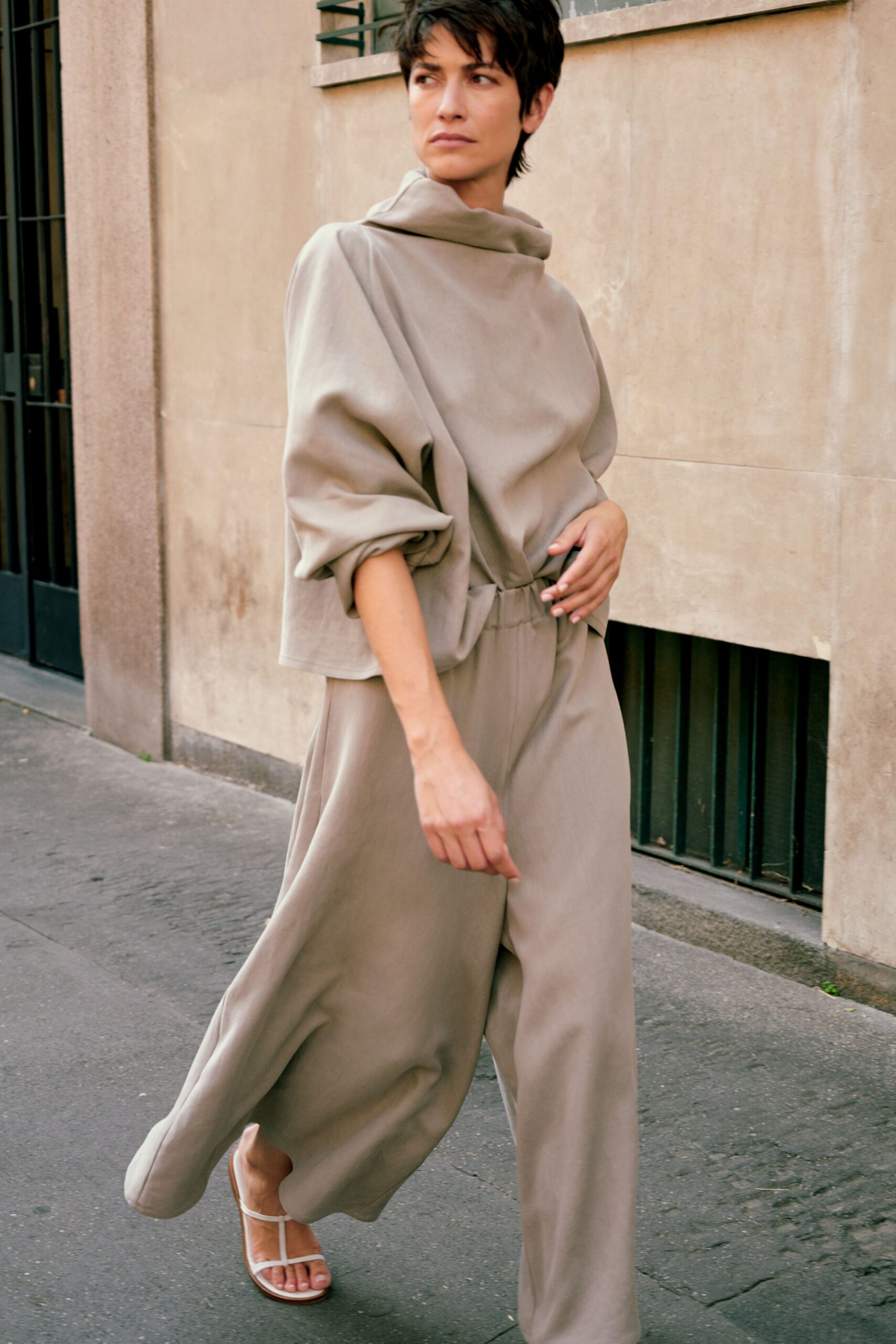 beige cotton long-sleeve high-neck relaxed draped top