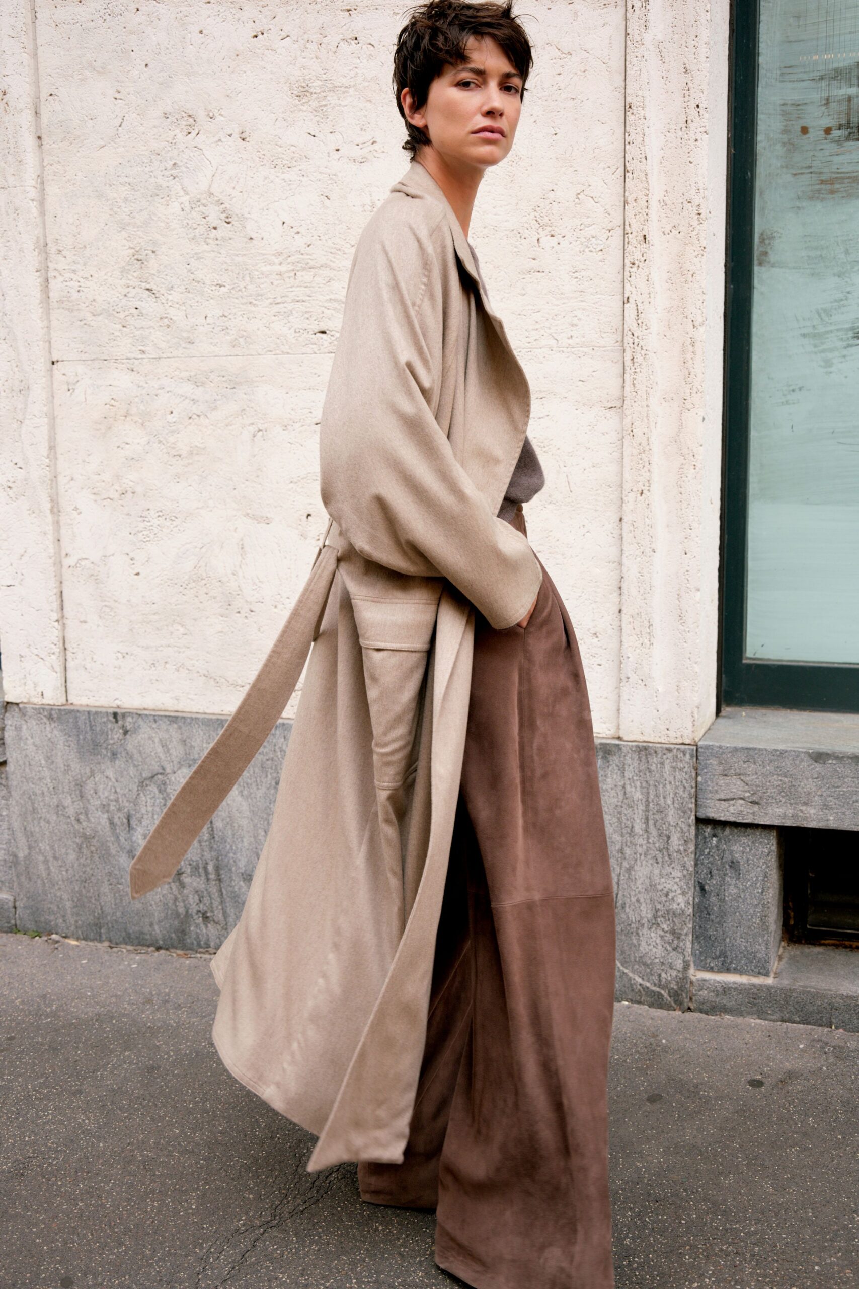 brown suede fitted a-line maxi skirt