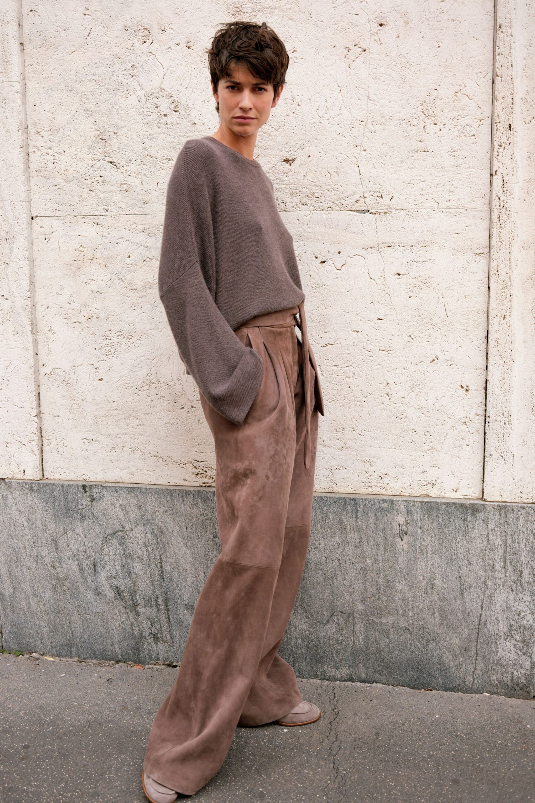 brown suede relaxed high-waisted wide-leg pants