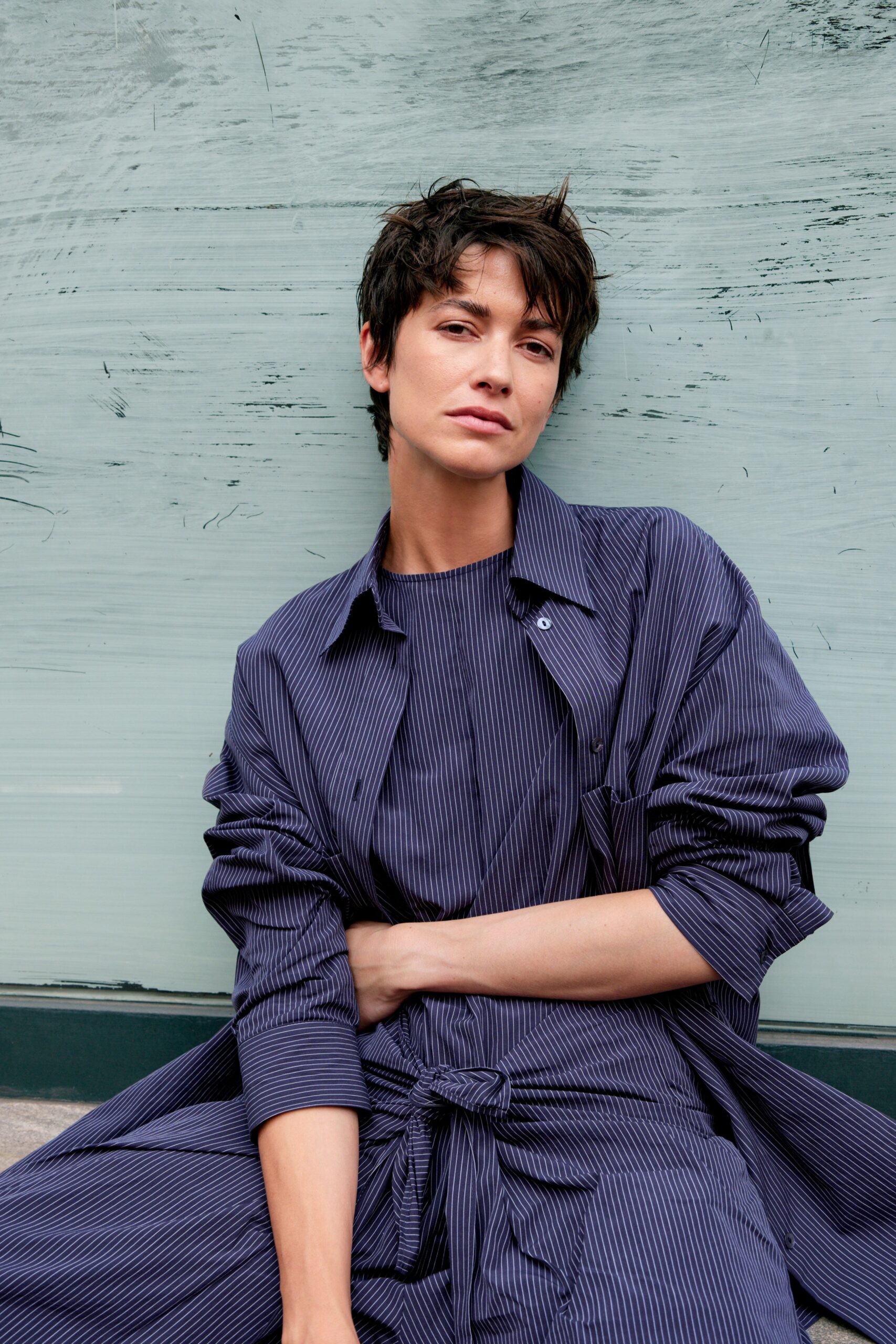 blue cotton long-sleeve collared relaxed striped midi dress