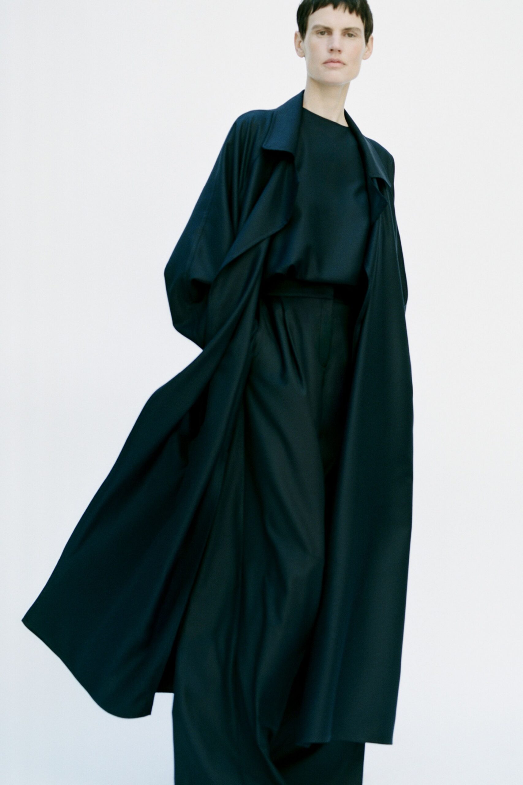 black silk tailored high-waisted straight-leg pants
