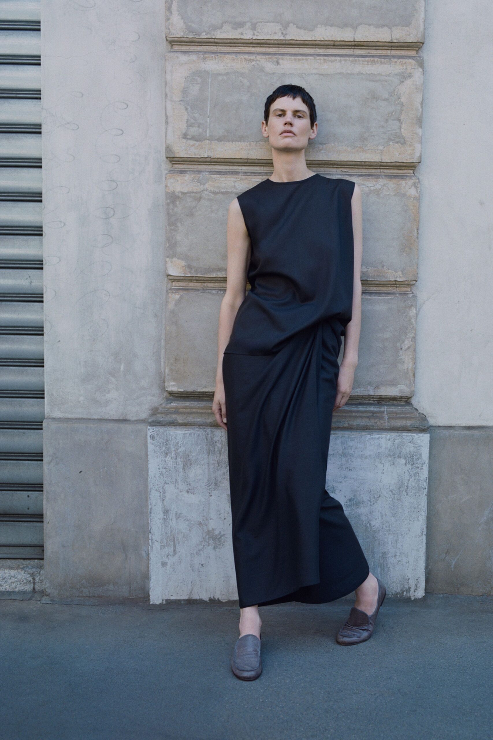 black silk sleeveless high-neck relaxed draped maxi dress