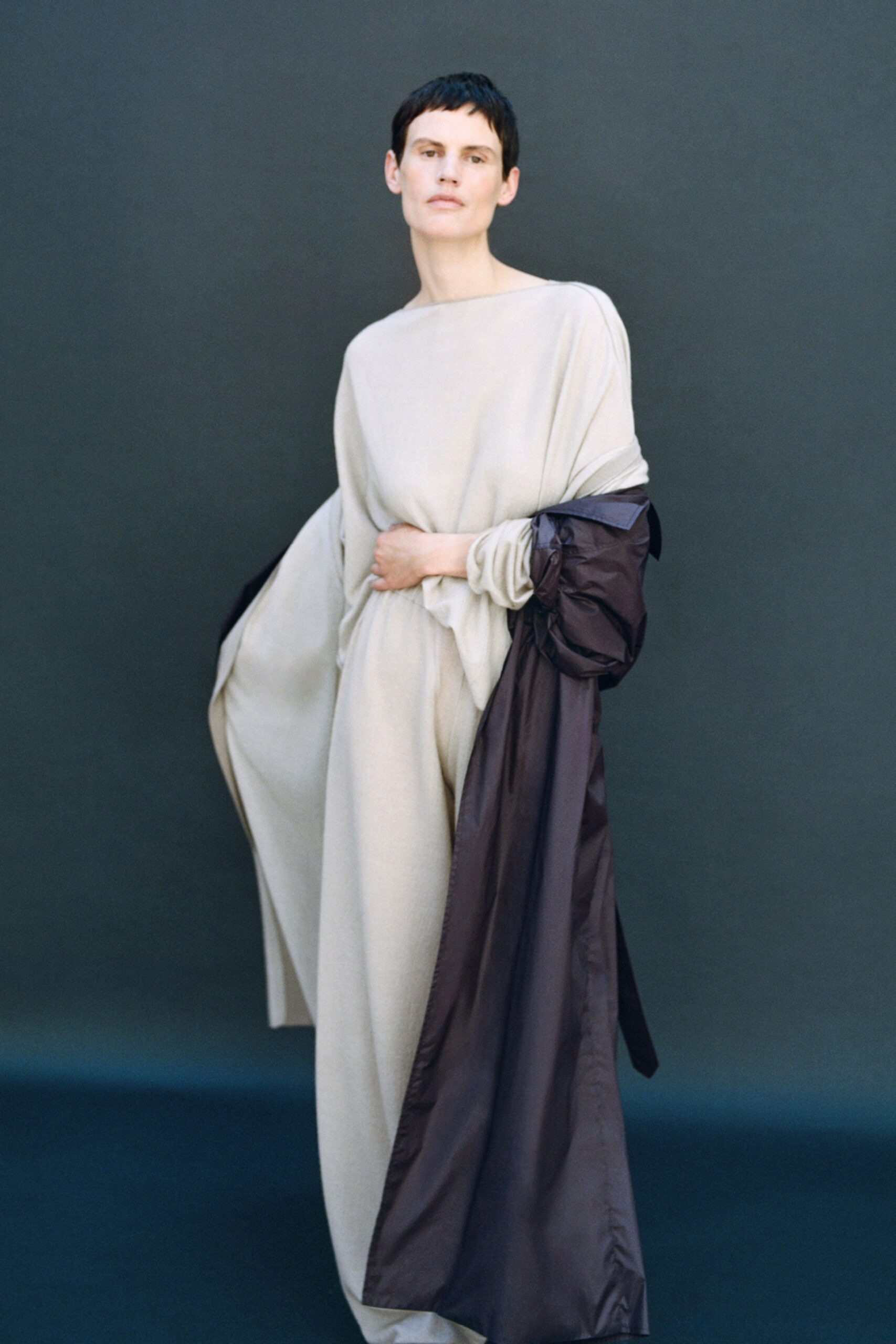 beige cotton long-sleeve high-neck relaxed jumpsuit