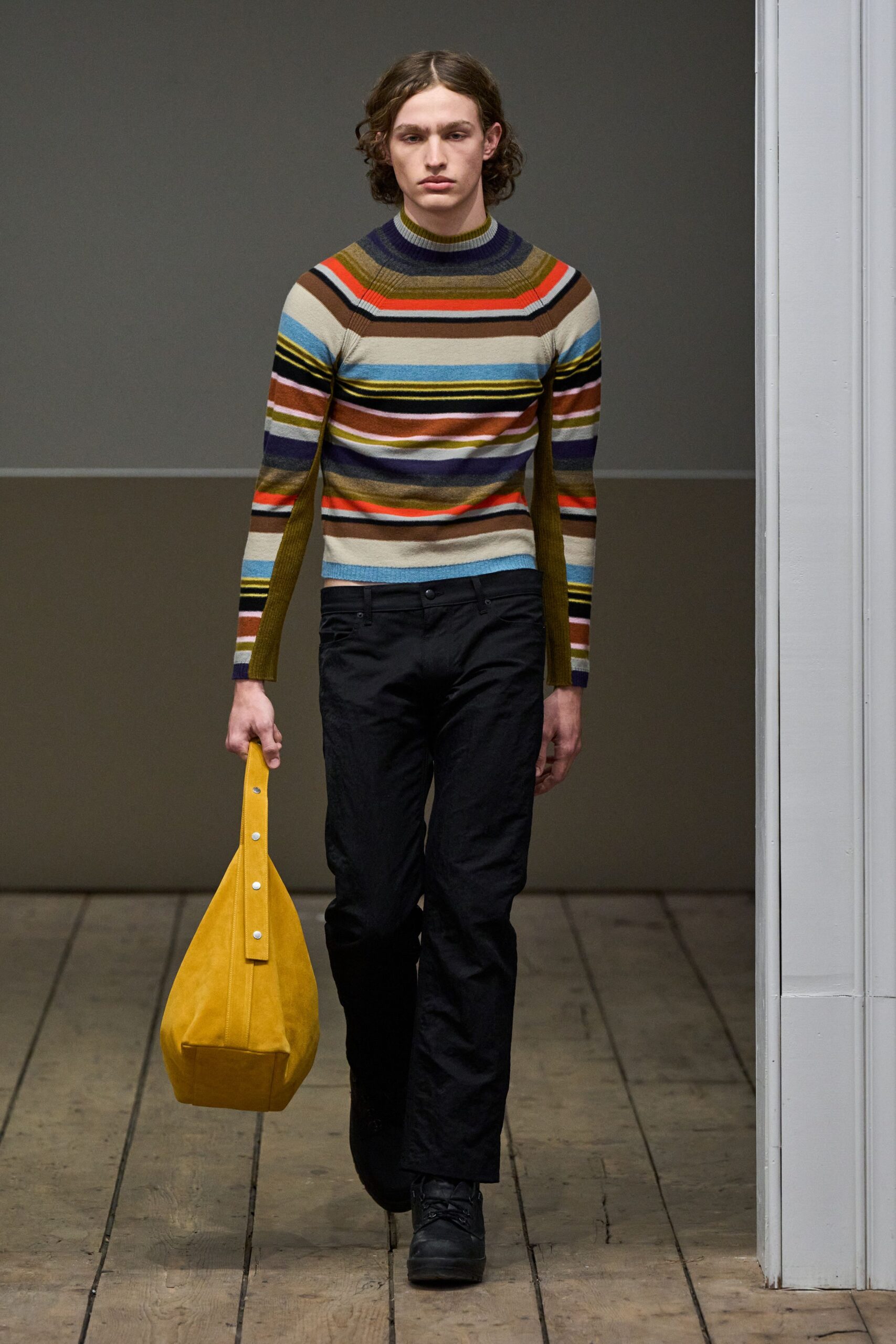 multi-striped fitted sweater with black pants