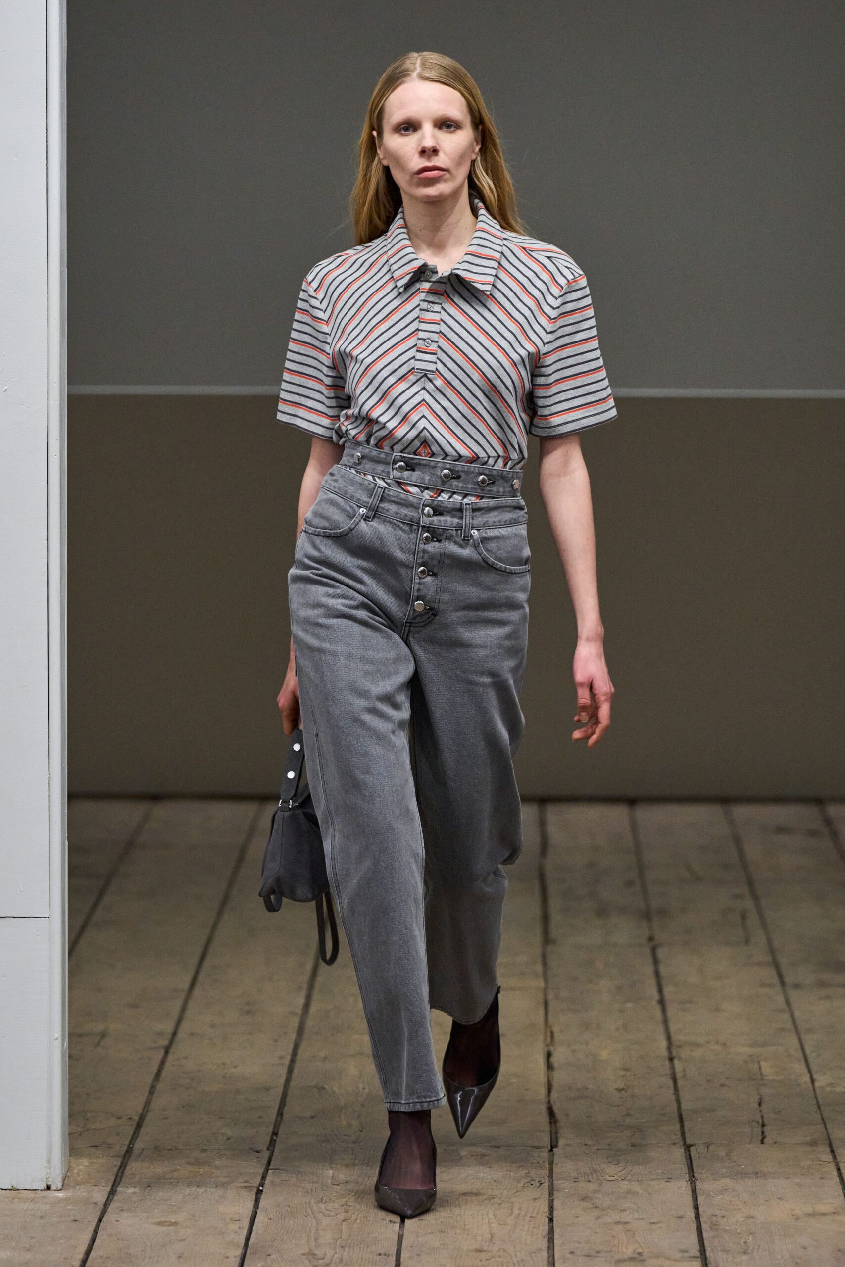gray denim high-waisted buttoned straight-leg pants