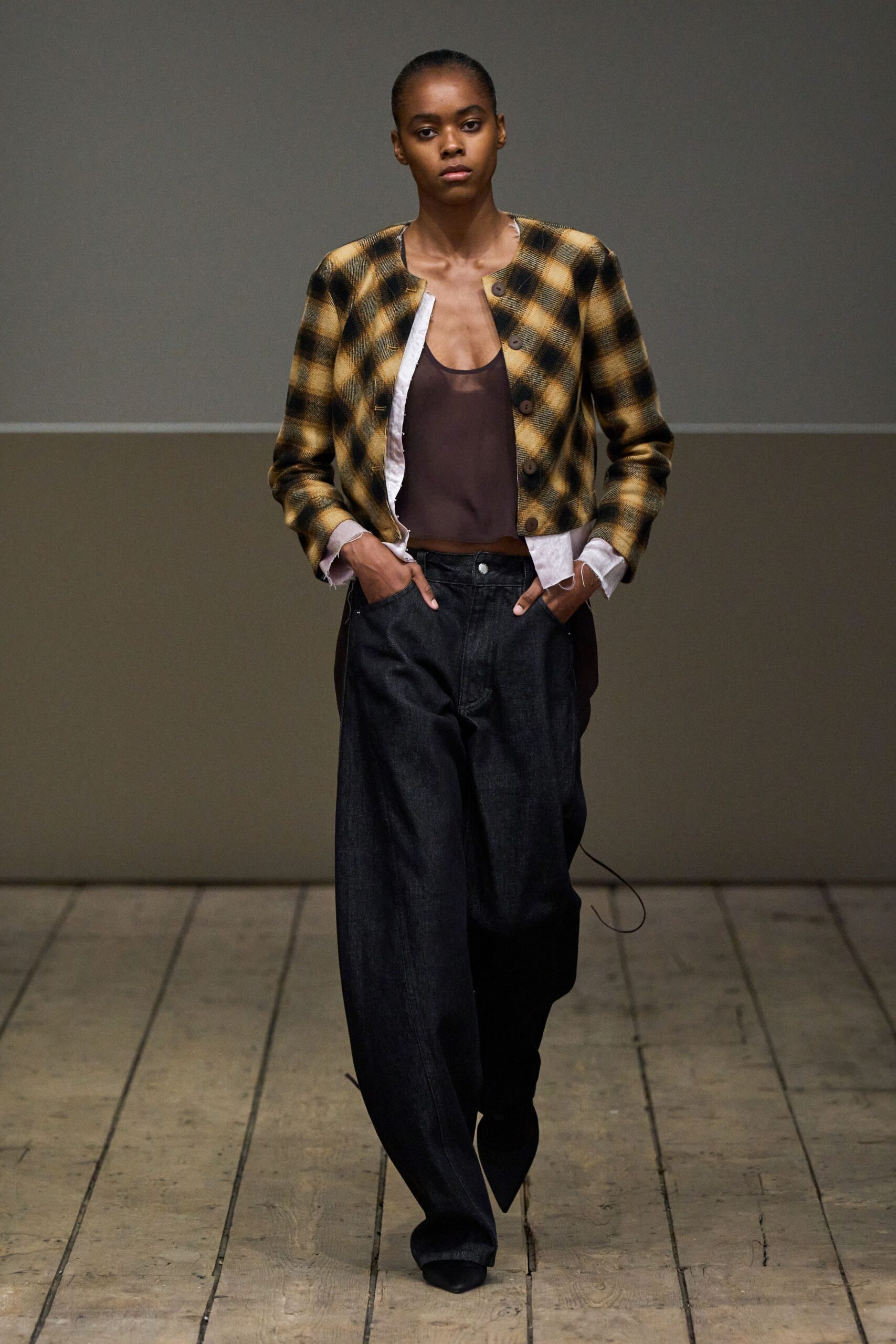 yellow cotton long-sleeve collared relaxed checked jacket