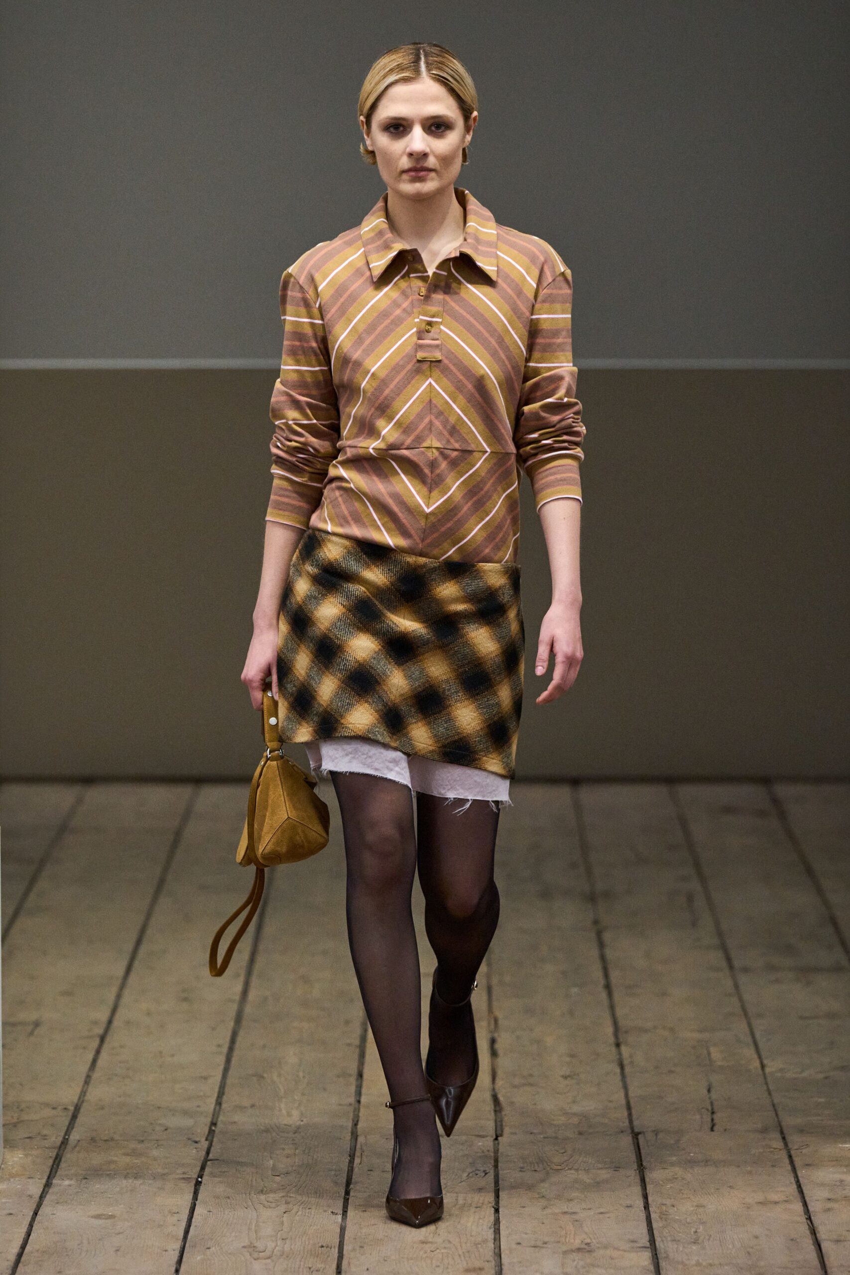 brown checked shirt with mini skirt