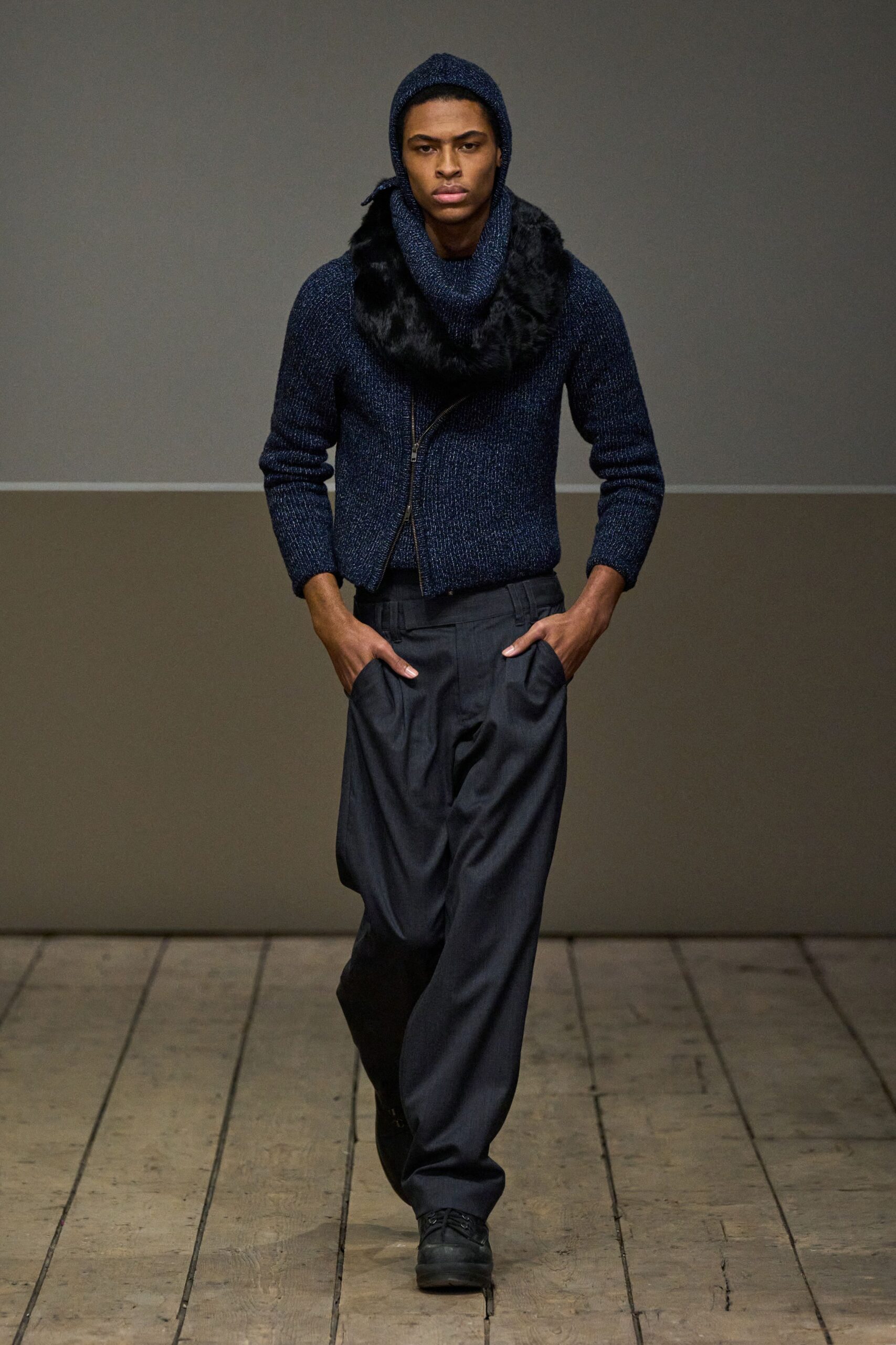 blue wool long-sleeve collared fitted zippered sweater
