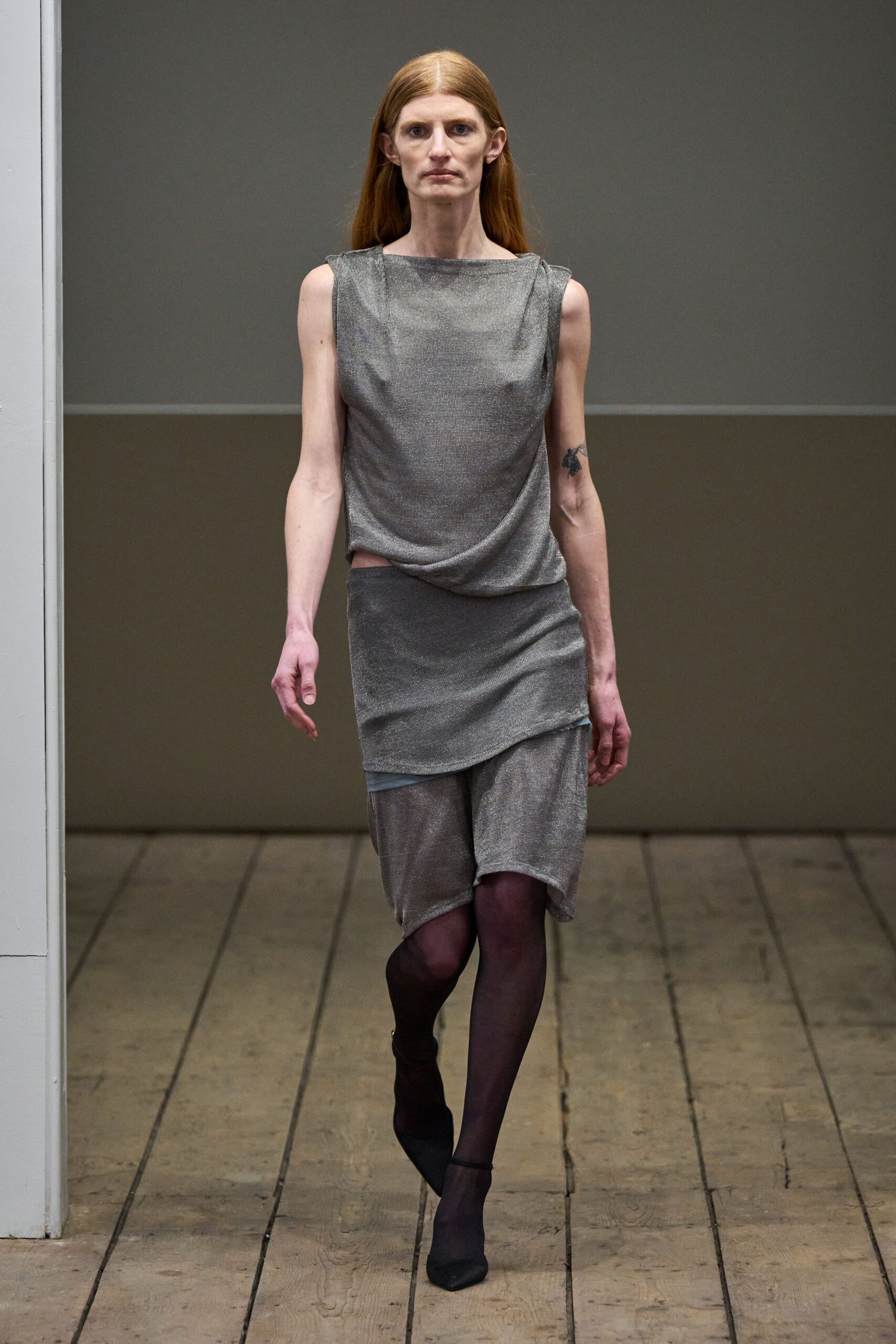 gray silk sleeveless high-neck fitted draped layered dress