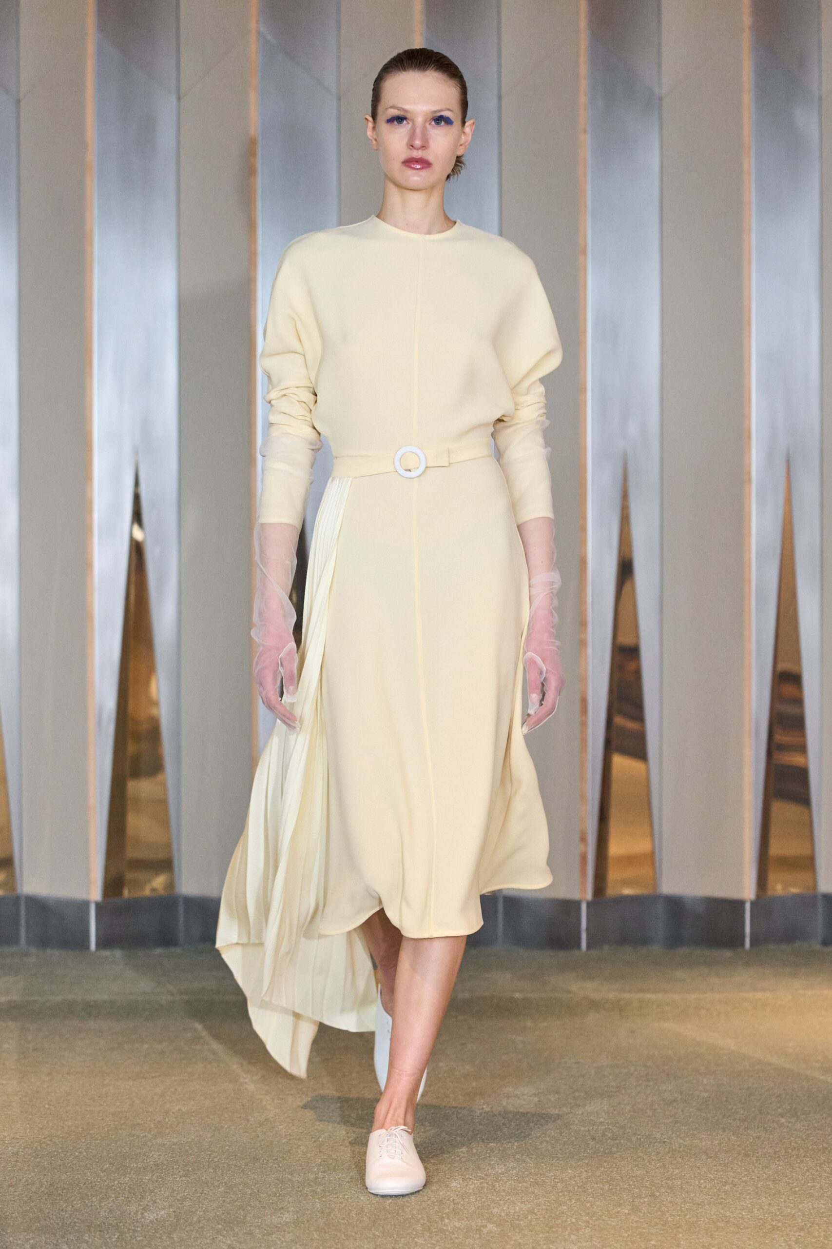 beige silk long-sleeve collared fitted belted draped dress