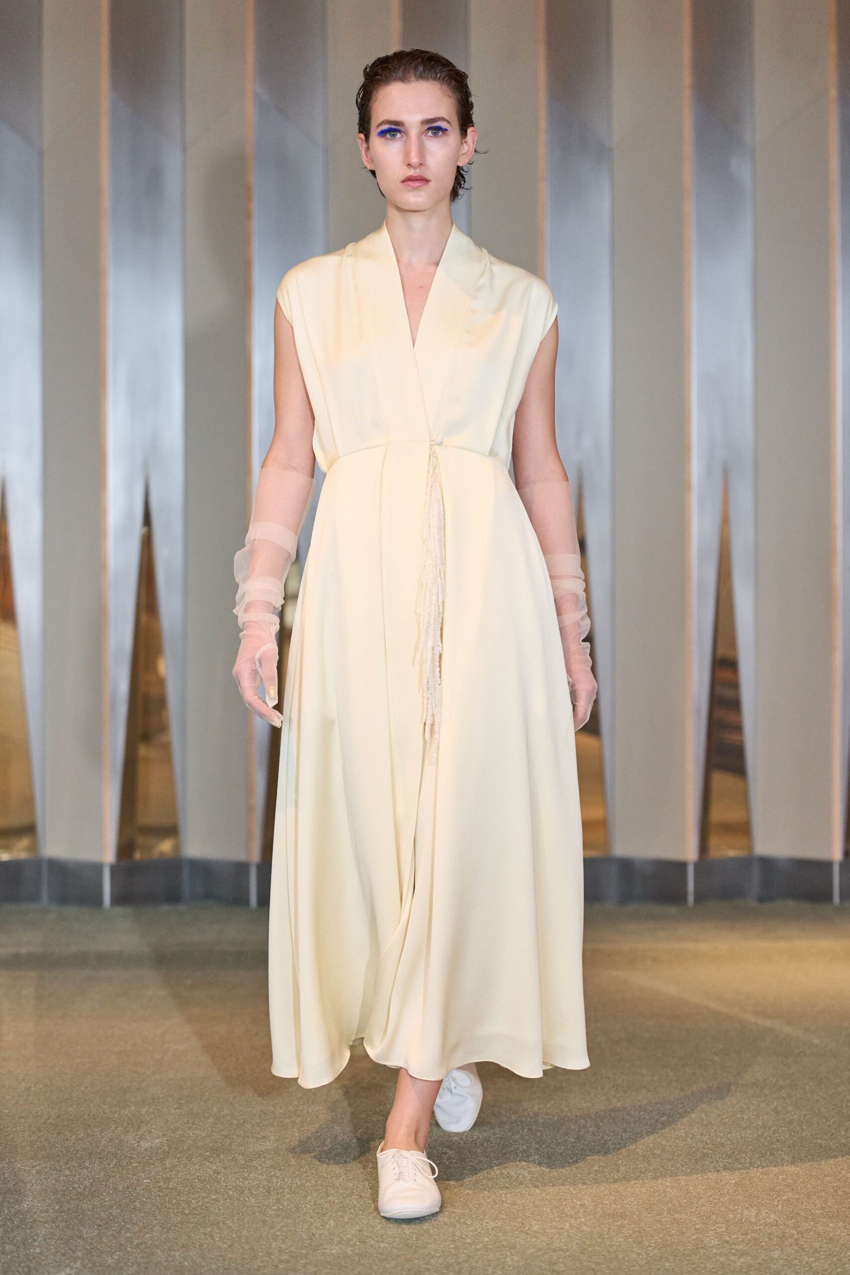 yellow silk sleeveless v-neck fitted draped flowing dress