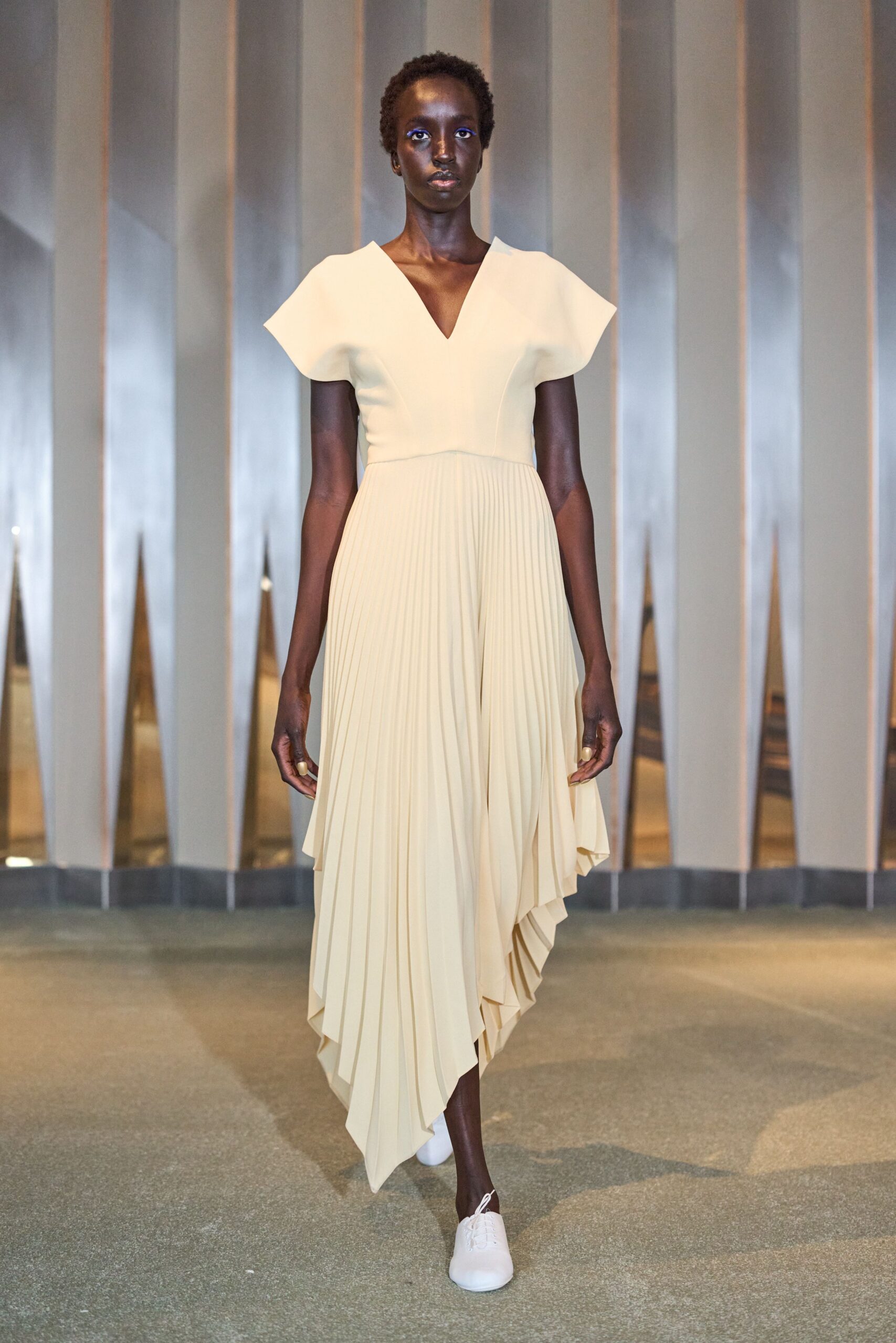 beige silk short-sleeve v-neck fitted pleated midi dress