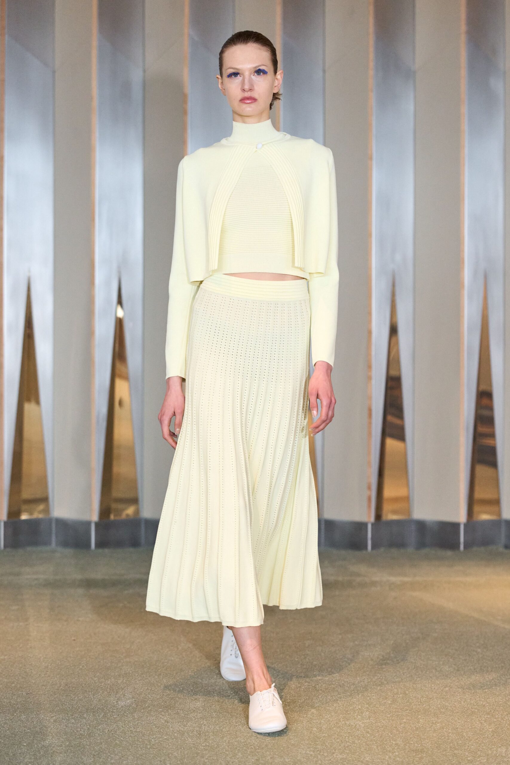 yellow knit long-sleeve high-neck fitted pleated cropped top