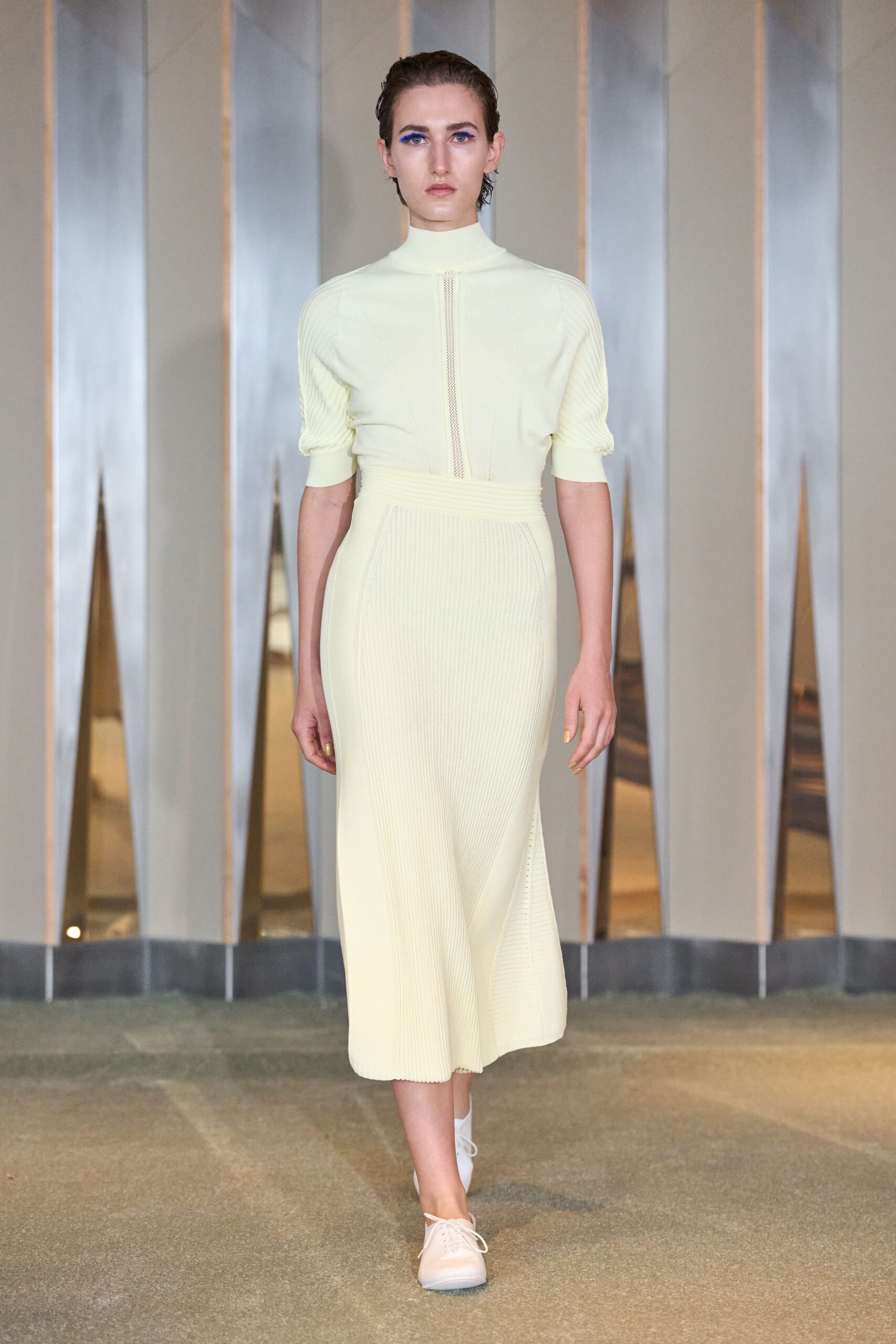 yellow cotton long-sleeve high-neck fitted ribbed midi dress